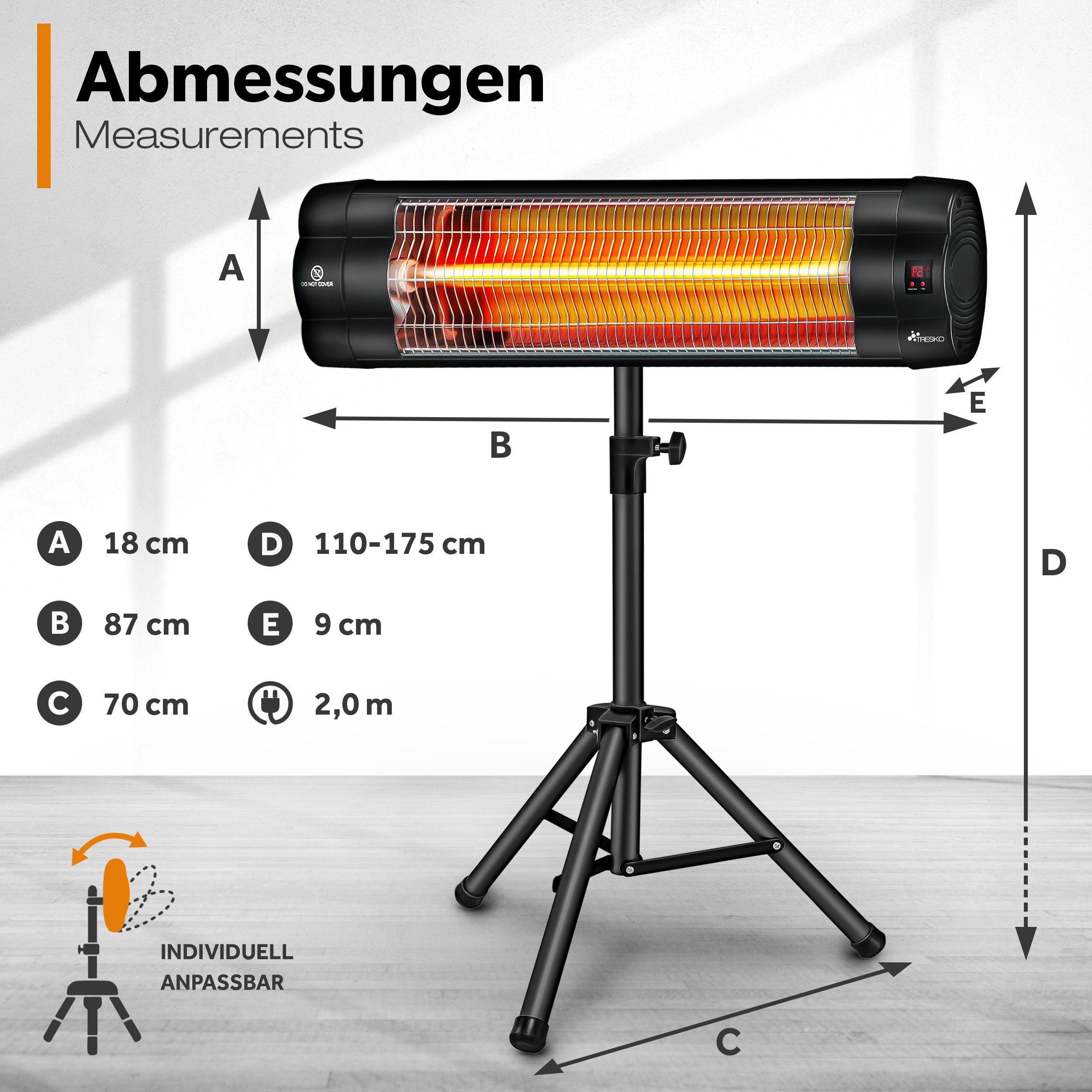 TRESKO Heizstrahler Infrarot Wärmestrahler mit Fernbedienung 2500W, Elektrisch 3 Stufen Terrassenstrahler Innen & Außen Infrarotstrahler