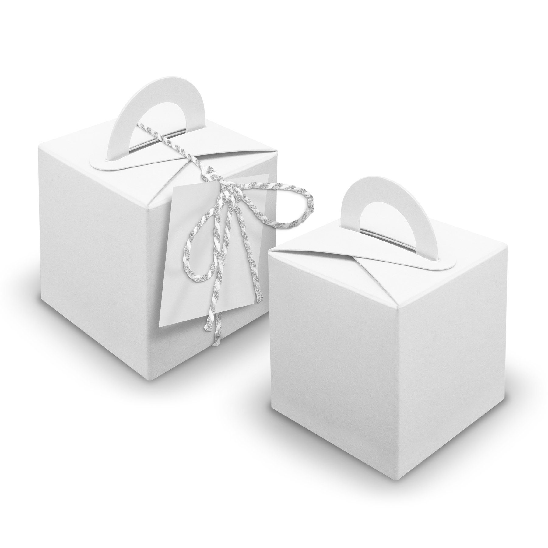itenga Geschenkpapier V26 24x Würfelbox mit Griff weiß + Garn silber metallic + Anhänger