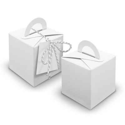 itenga Geschenkpapier V26 24x Würfelbox mit Griff weiß + Garn silber metallic + Anhänger