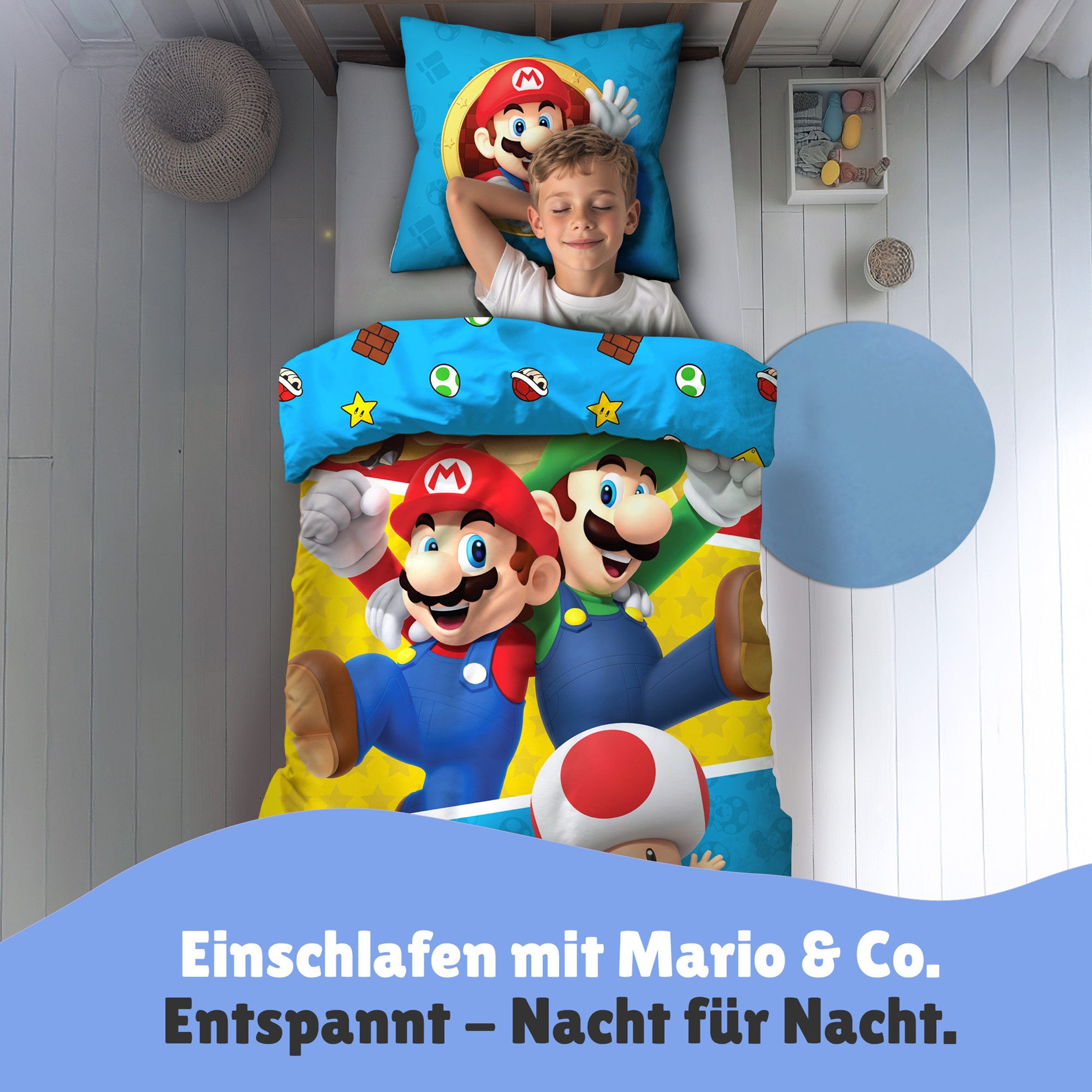 Familando Kinderbettwäsche Super Mario Splitter - Set 2-teilig 135x200 80x80 cm - Reißverschluss, Mikrofaser, 2 teilig, mit Schriftzug, Mario, Luigi, Toad und Bowser (wenbar)