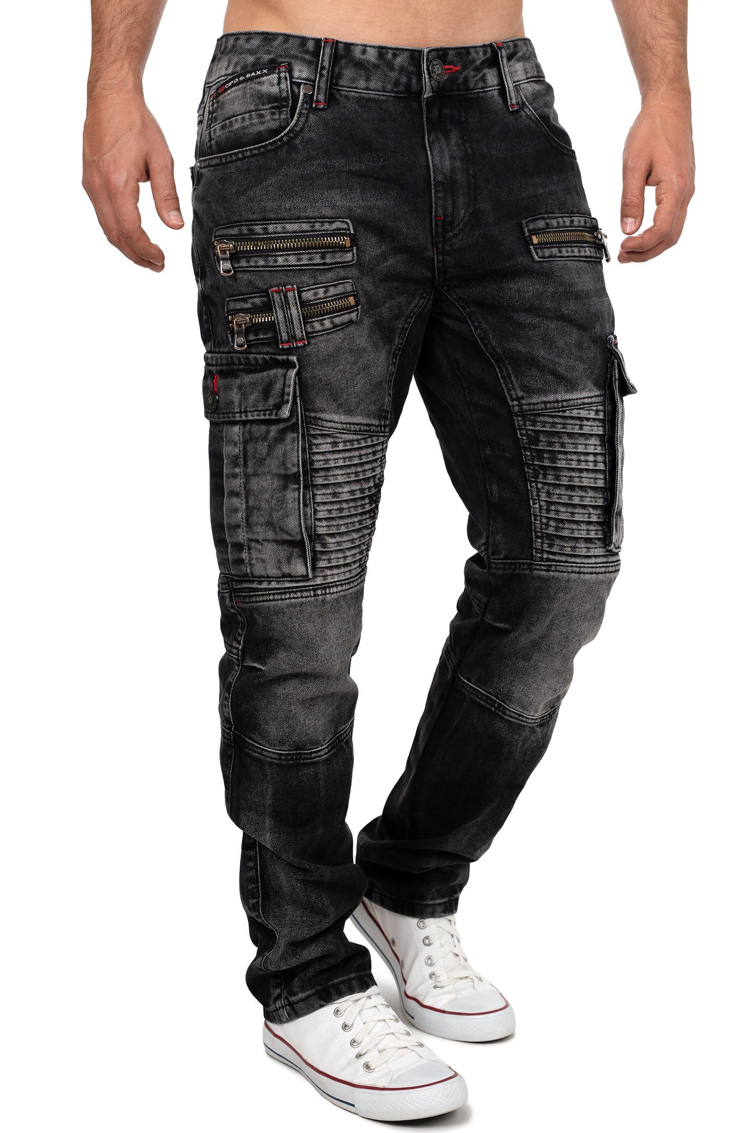 Cipo & Baxx Bikerjeans Biker Hose BA-CD798 im Cargo-Style mit 5-Pocket-Style und Rippenmuster