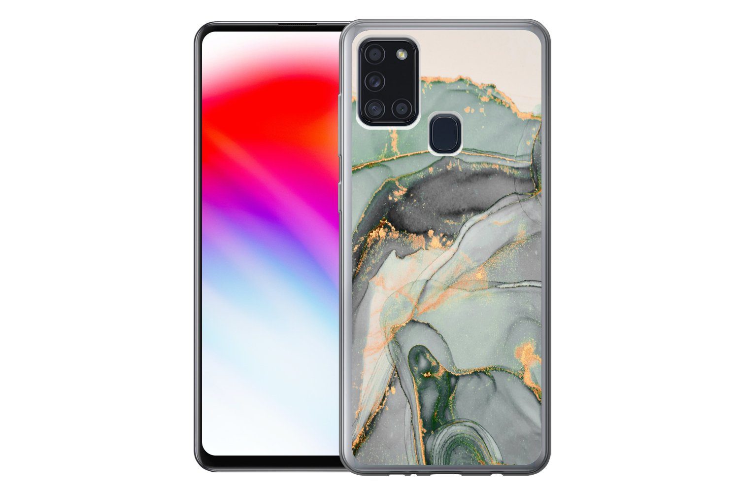 MuchoWow Handyhülle für Samsung Galaxy A21s Gold - Marmor - Grün - Luxus - Glitzer - Marmo, Smartphone-Bumper, Print, Handy Schutzhülle Dünn