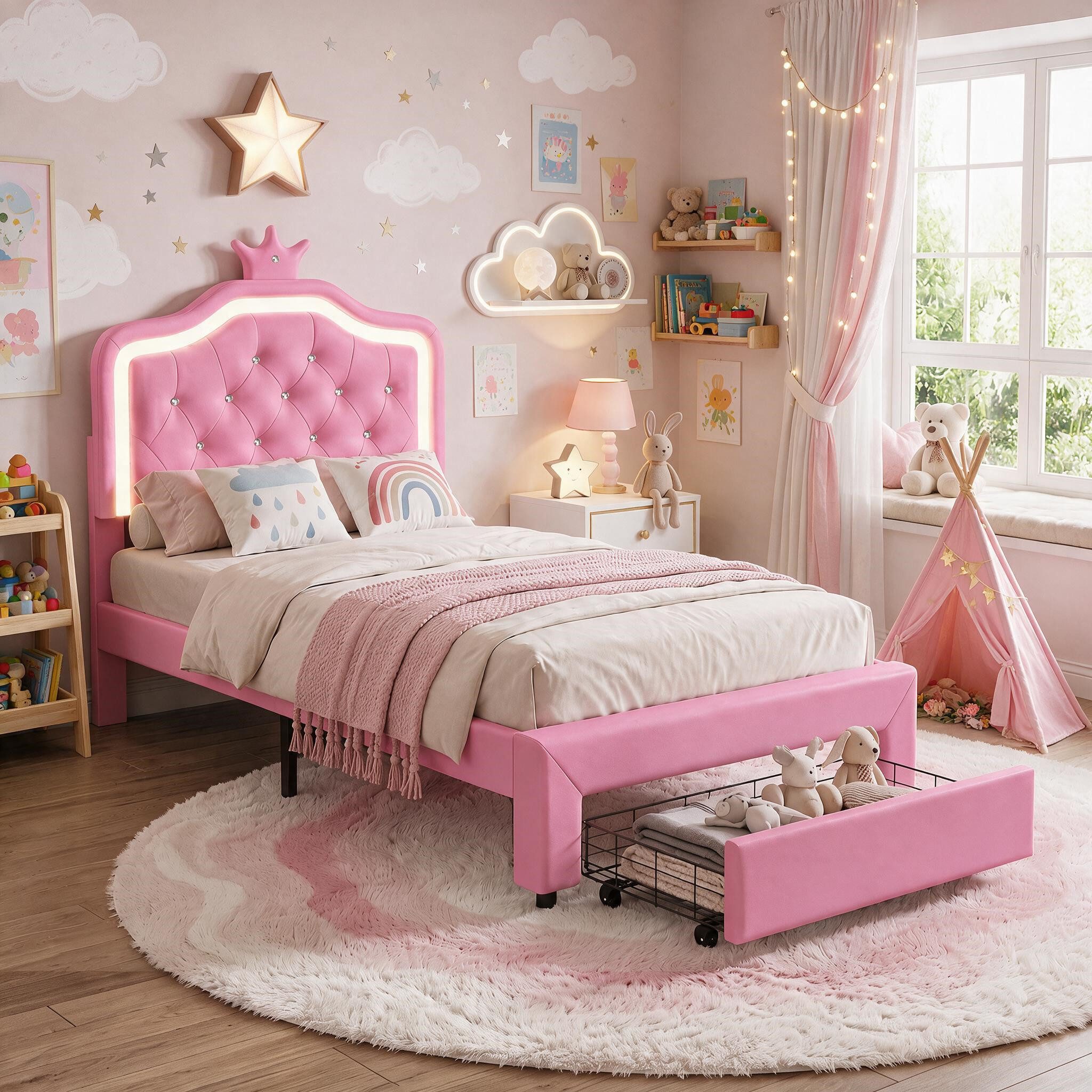 Simurq Einzelbett Polster‑Einzelbett 90x200 für Kinder, höhenverstellbarem Kopfteil, LED