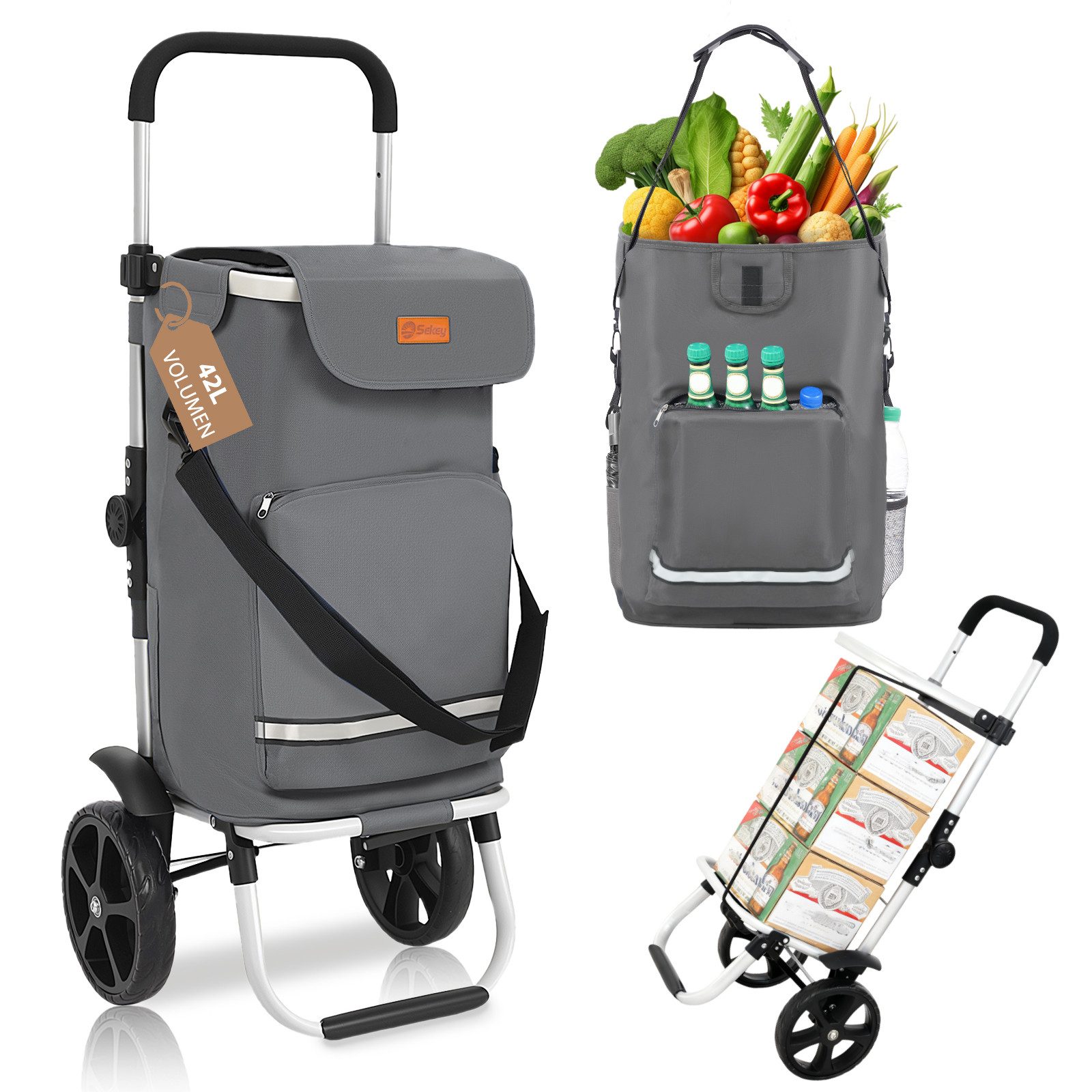 Sekey Einkaufstrolley 3-in-1 mit Kühlfach und Spanngurt, Faltbarer Einkaufswagen 42L & 35kg, 3-in-1 Trolley, Sackkarre & Umhängetasche, Ideal für Einkäufe