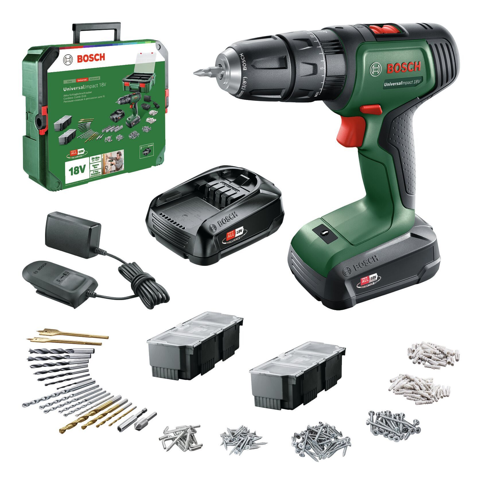BOSCH Akku-Schlagbohrschrauber UniversalImpact 18V, 18 V, Bohrschrauber mit 2x Akku 1,5 Ah - in SystemBox