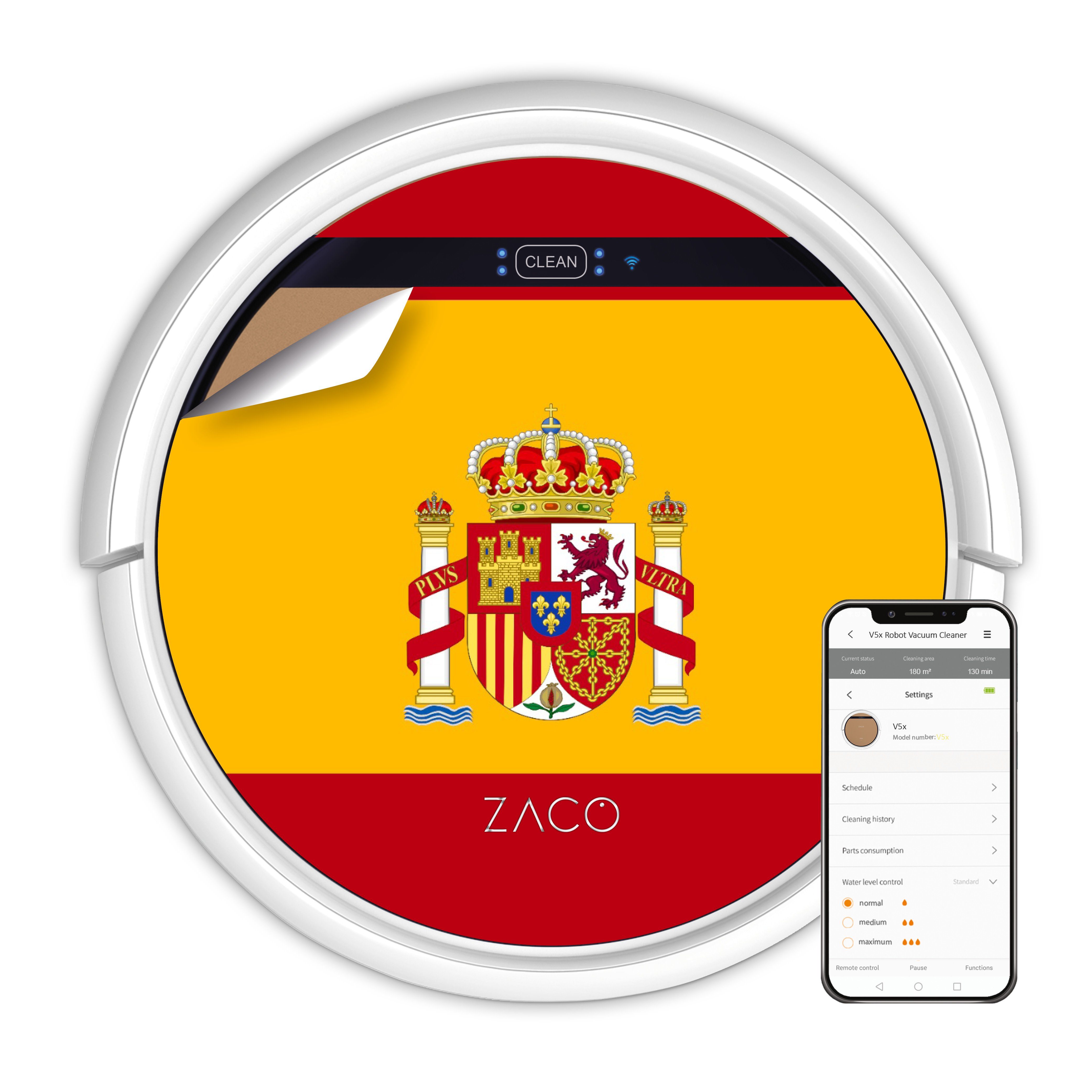 ZACO Nass-Trocken-Saugroboter V5x, 22 W, beutellos, Saugroboter mit Wischfunktion Tierhaare Sprachsteuerung, App, Alexa Spanische Flagge