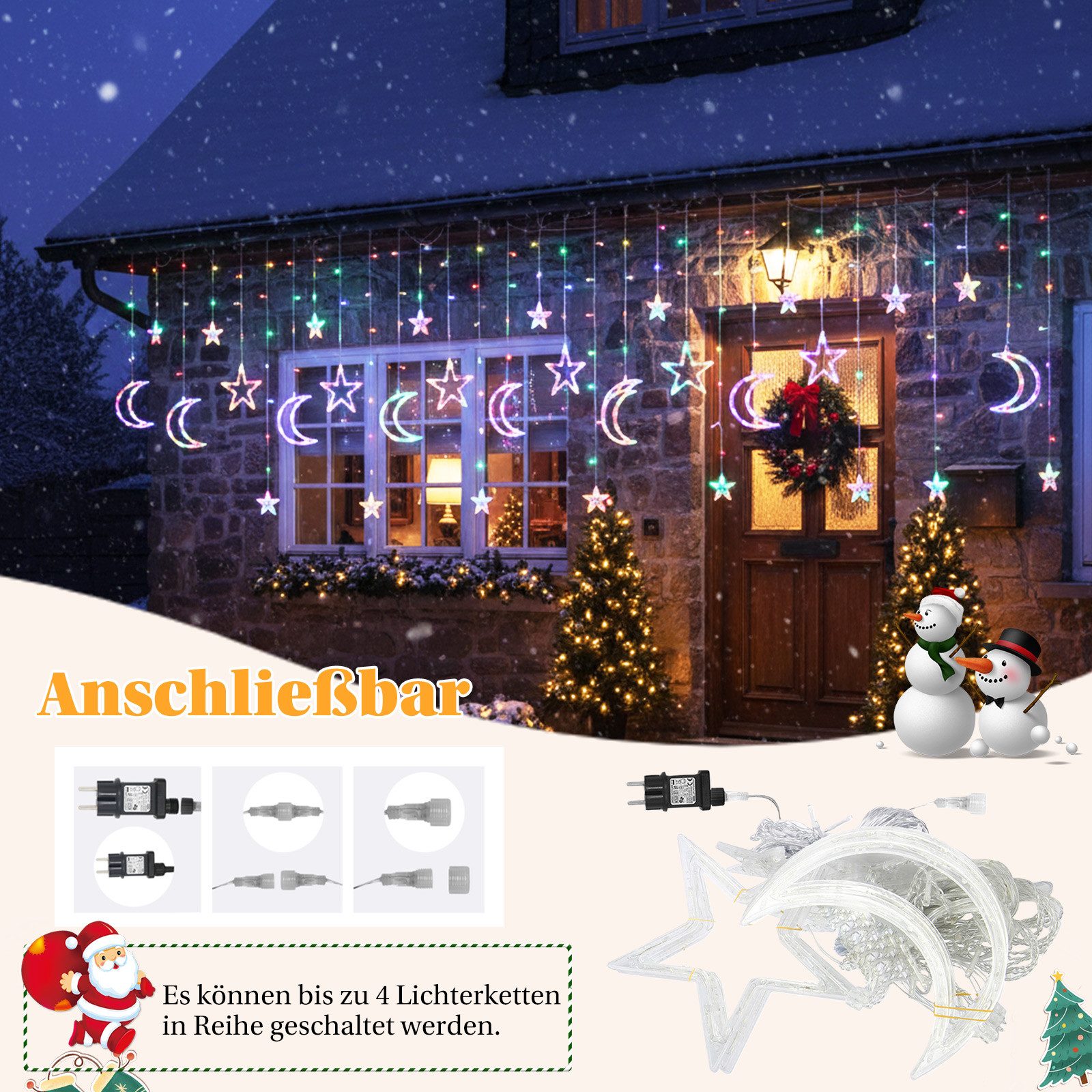 SERBASIC Lichterkette 3.5M Sterne Mond Lichtervorhang mit Stecker, 8 Modi, Timer, 31V, Für Fenster Garten Außen Weihnachtsdeko, Warmweiß & Mehrfarbig