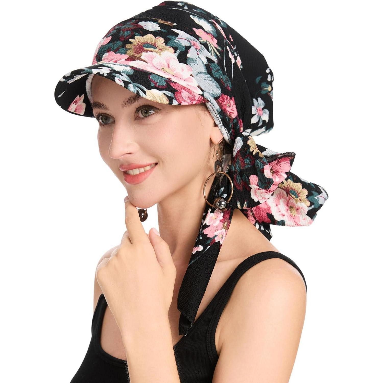 LuxusKollektion Turbanmütze Kopfbedeckung Chemo Damen Mütze Beanie Gebundene Rote Blumen Schwarz