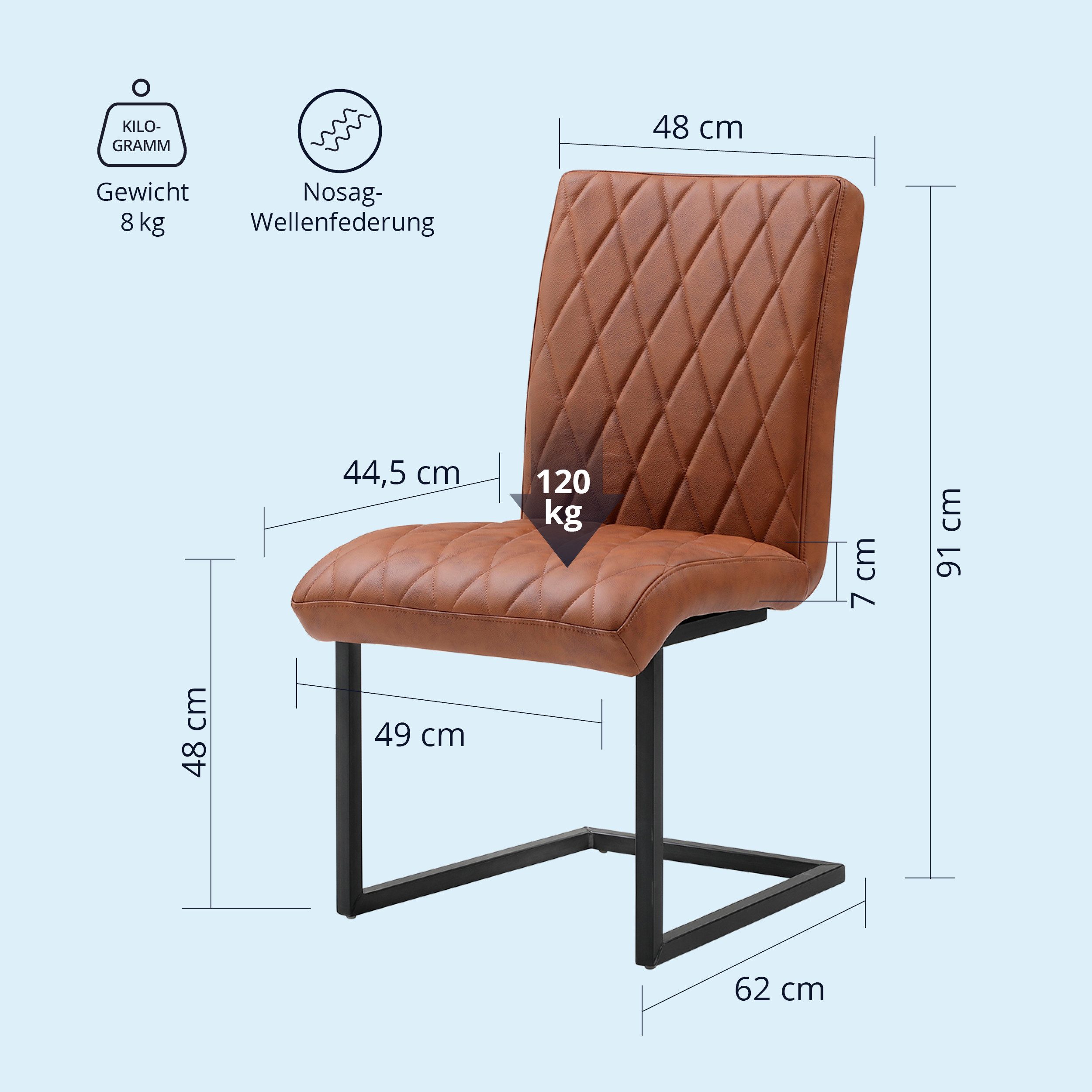 KHG Freischwinger Esszimmerstuhl Leder Braun, bis 110 kg belastbar, Vintage Stil, gepolstert, Nosag-Wellenfederung, Metallgestell Schwarz