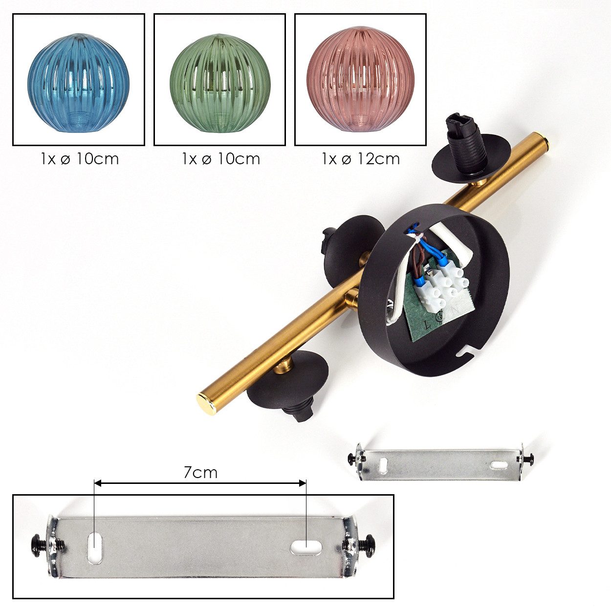 hofstein Deckenleuchte Deckenlampe aus Metall/Riffelglas in Schwarz/Gold/Blau/Grün/Kupfer, ohne Leuchtmittel, Deckenleuchte im modernen Vintage-Design (Schirme Ø 10; 12 cm), 3 x G9