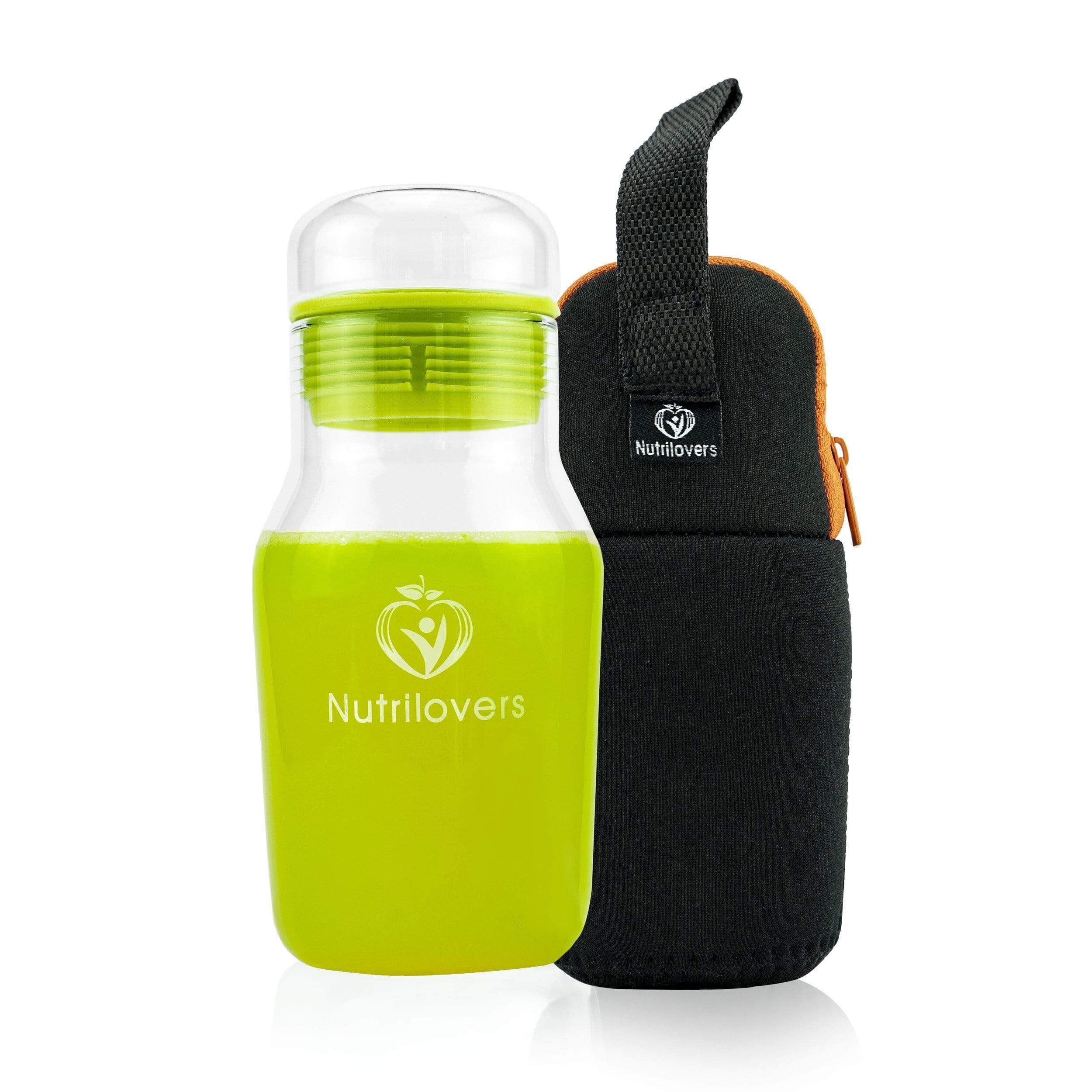 Nutrilovers Trinkflasche Glas Trinkflasche - Robust & Sicher - Für Sport & Büro, Borosilikatglas-Trinkflasche mit schützendem Sleeve
