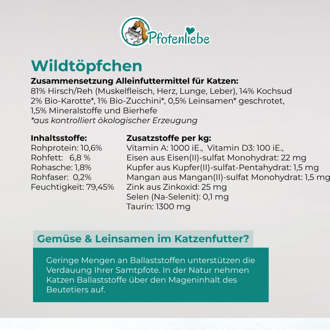 Pfotenliebe Wildtöpfchen - getreidefrei 6x100g, Nassfutter für: Katzen