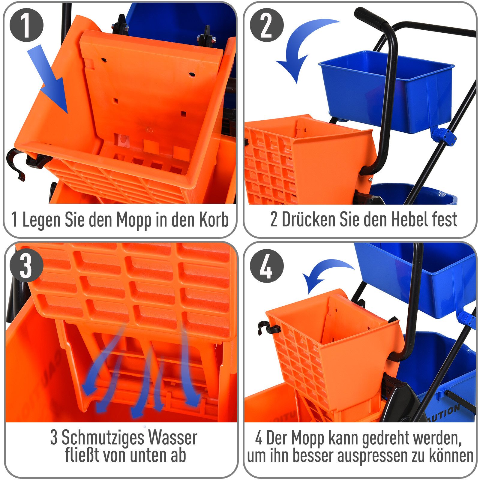HOMCOM Putzeimer Putzwagen Wischwagen mit Wischmopp-Presse Haushaltswagen Orange, (Reinigungswagen, 1-tlg., Wischwagen mit Wischmopp-Presse), mit Rollen, 26 Lit – Bild 5 von 5