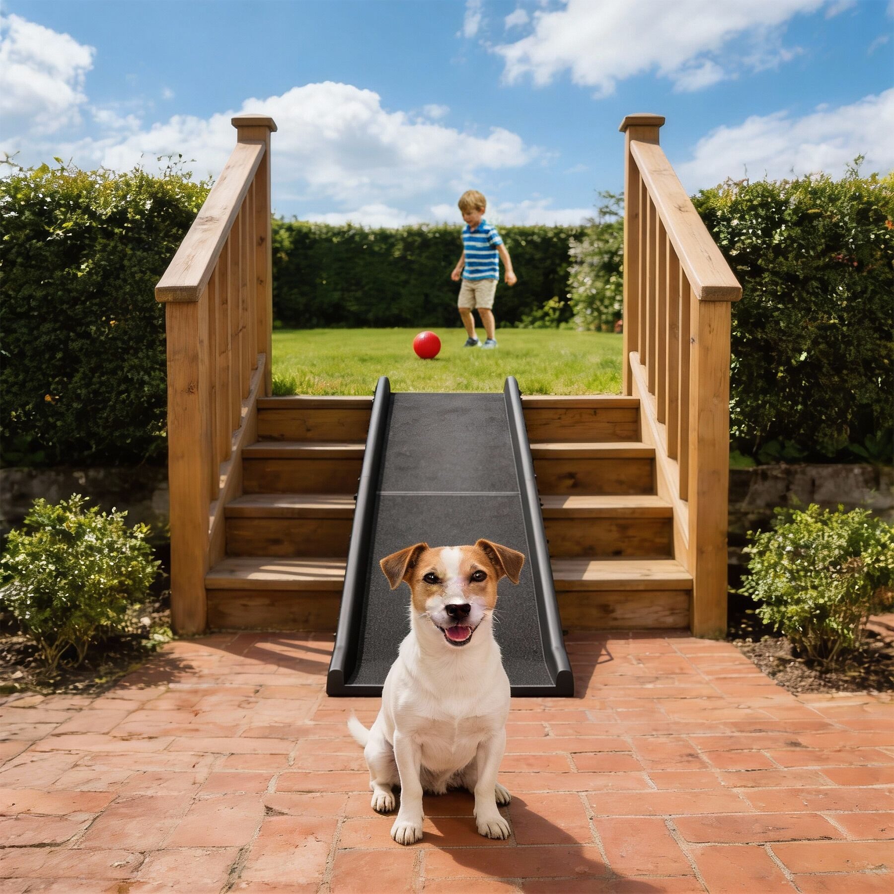 tectake Hunderampe Einstiegsrampe für Hunde, 155 x 40 x 14 cm, klappbar und rutschfest (Klapprampe Paw Step, in schwarz), Belastbarkeit 90 kg, mit kunststoffummantelten Trageschlaufen
