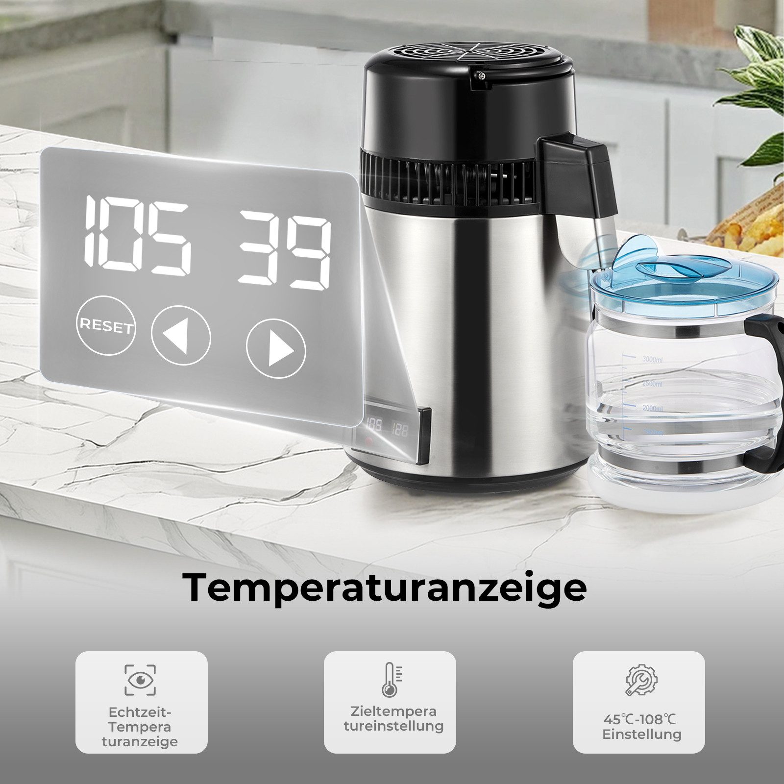 FOHERE Wasserdestilliergerät 750 W mit Temperatureinstellungen, 1-tlg., 4-l-Heimdestilliergerät, Wasserreiniger, BPA-frei