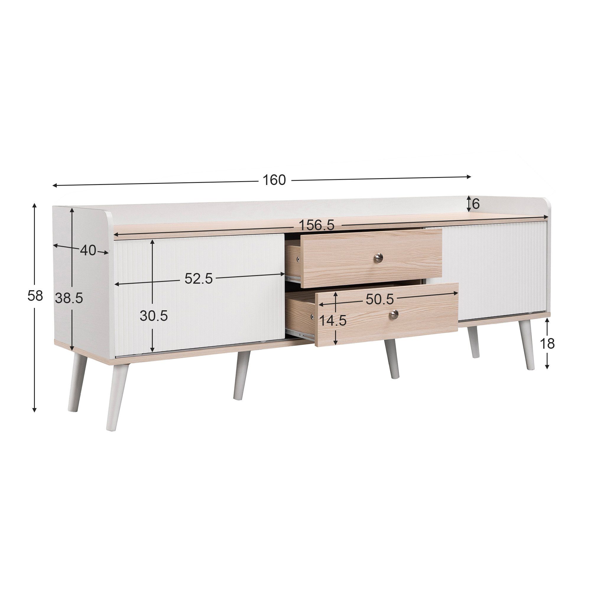 Weiß Lowboard (H58/L160/T40 Schubladen, Platte zwei TV Fernsehtisch Schiebetüren TV-Schrank TV- Board REDOM cm) niedrige mit mit zwei