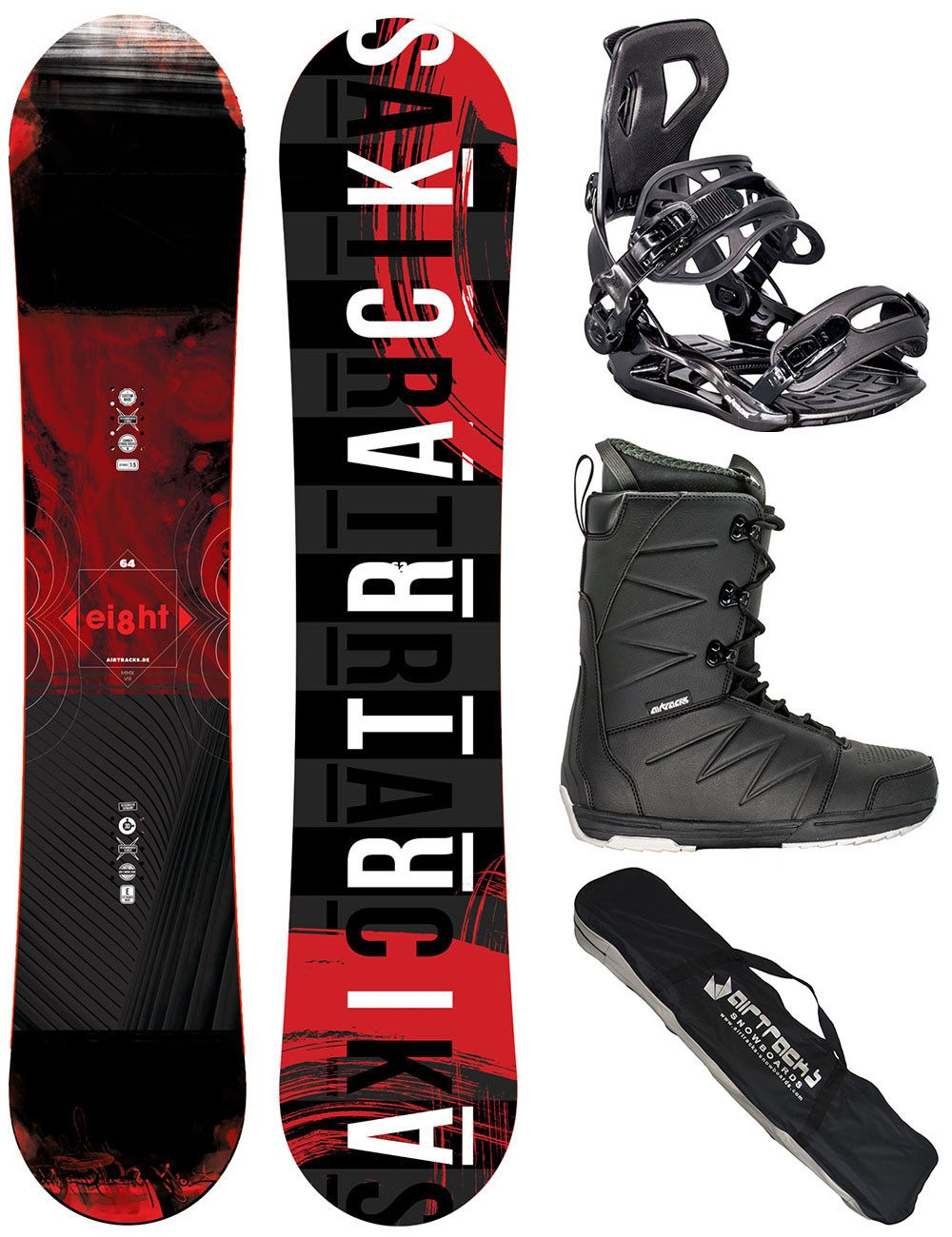 Airtracks Snowboard Herren Snowboard Komplett Set Eight Rocker Wide »Mod. 26/27 (4 St., 4er Pack), Snowboard + Bindung Master + Boots + SB Bag / 150 155 160 164 cm