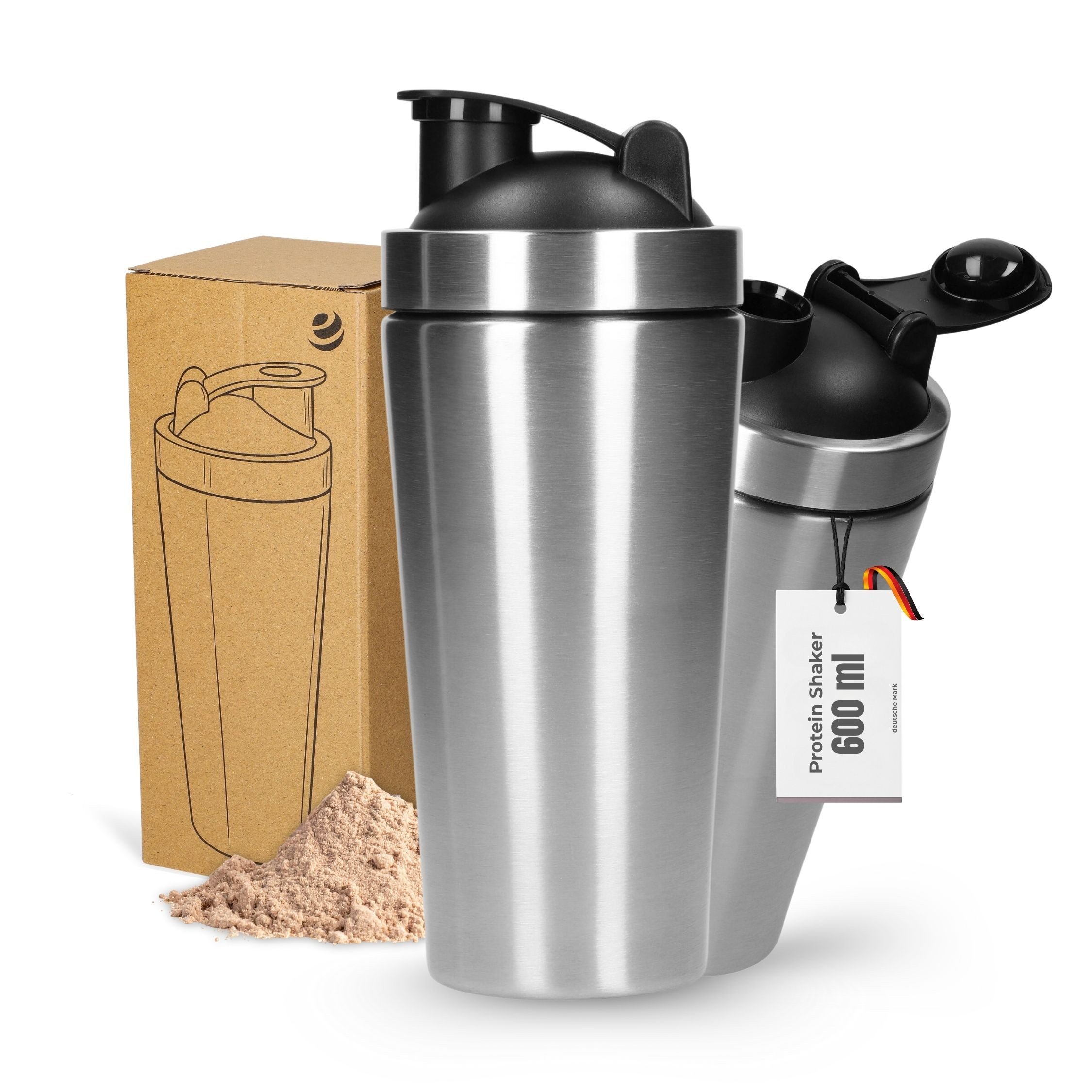 elasto Protein Shaker Protein Shaker Edelstahl 600 ml - auslaufsicherer Shaker mit Sieb, auslaufsicher, doppelwandig, eiweiss shaker, Gym, bruchfest