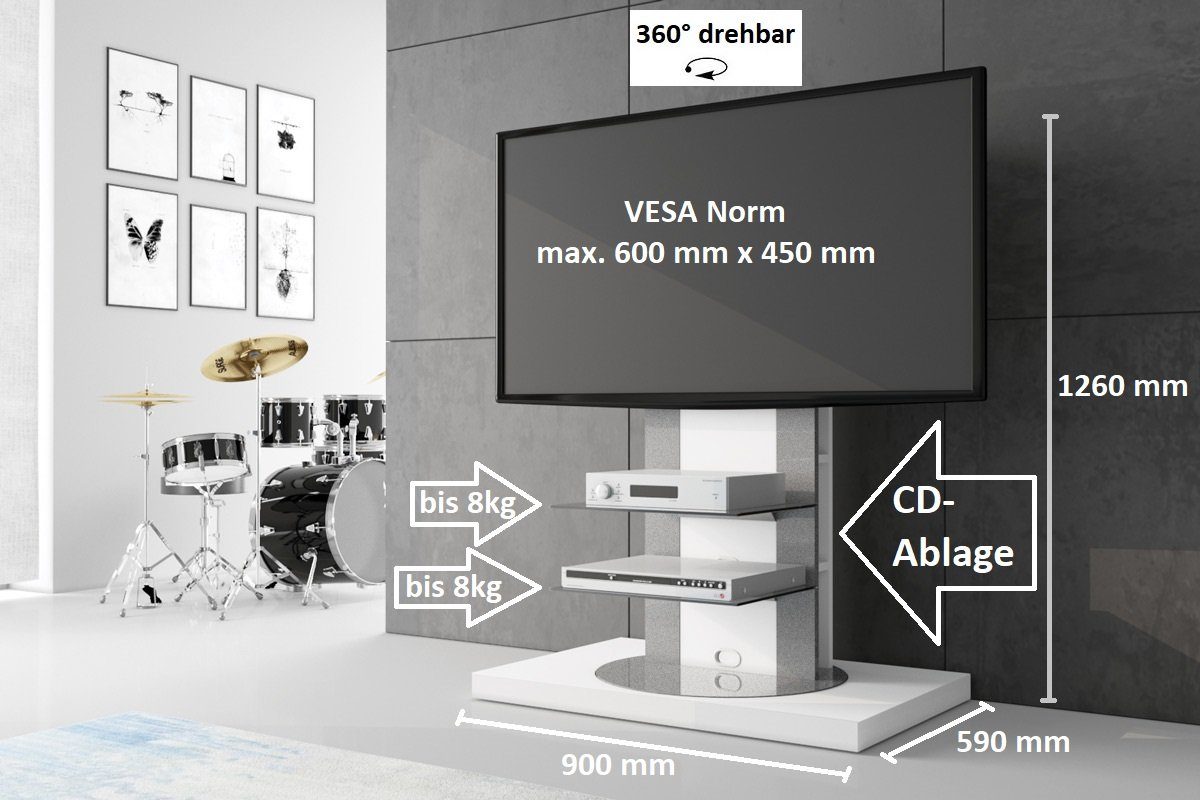 Weiß Hochglanz Ständer designimpex H-777nw 360° Roma TV-Wandhalterung Rack TV- Fernsehtisch drehbar