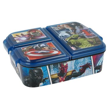 MARVEL Lunchbox Marvel Avengers Kinder 4 teiliges Set, (4-tlg), 3 Kammern Brotdose Alu-Trinkflasche Besteck