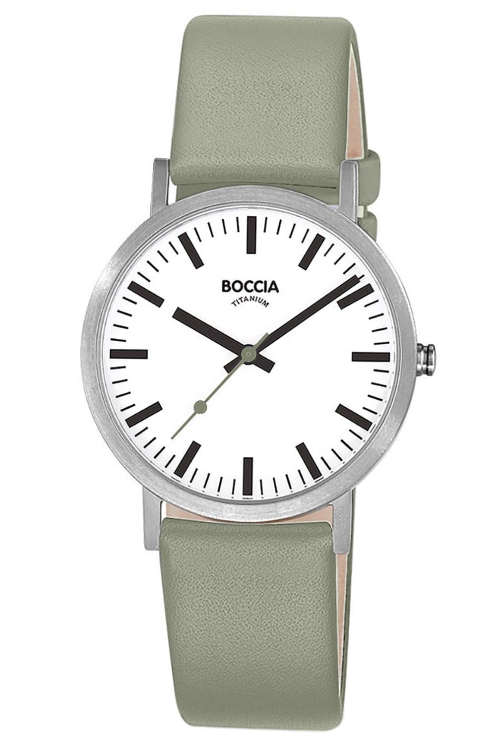Boccia Quarzuhr Titan mit Lederband Salbeigrün