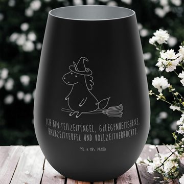 Mr. & Mrs. Panda Windlicht Einhorn Hexe - Schwarz - Geschenk, Teelicht aus Glas, Frau, Freundin, (1 St), Handgefertigte Gravur