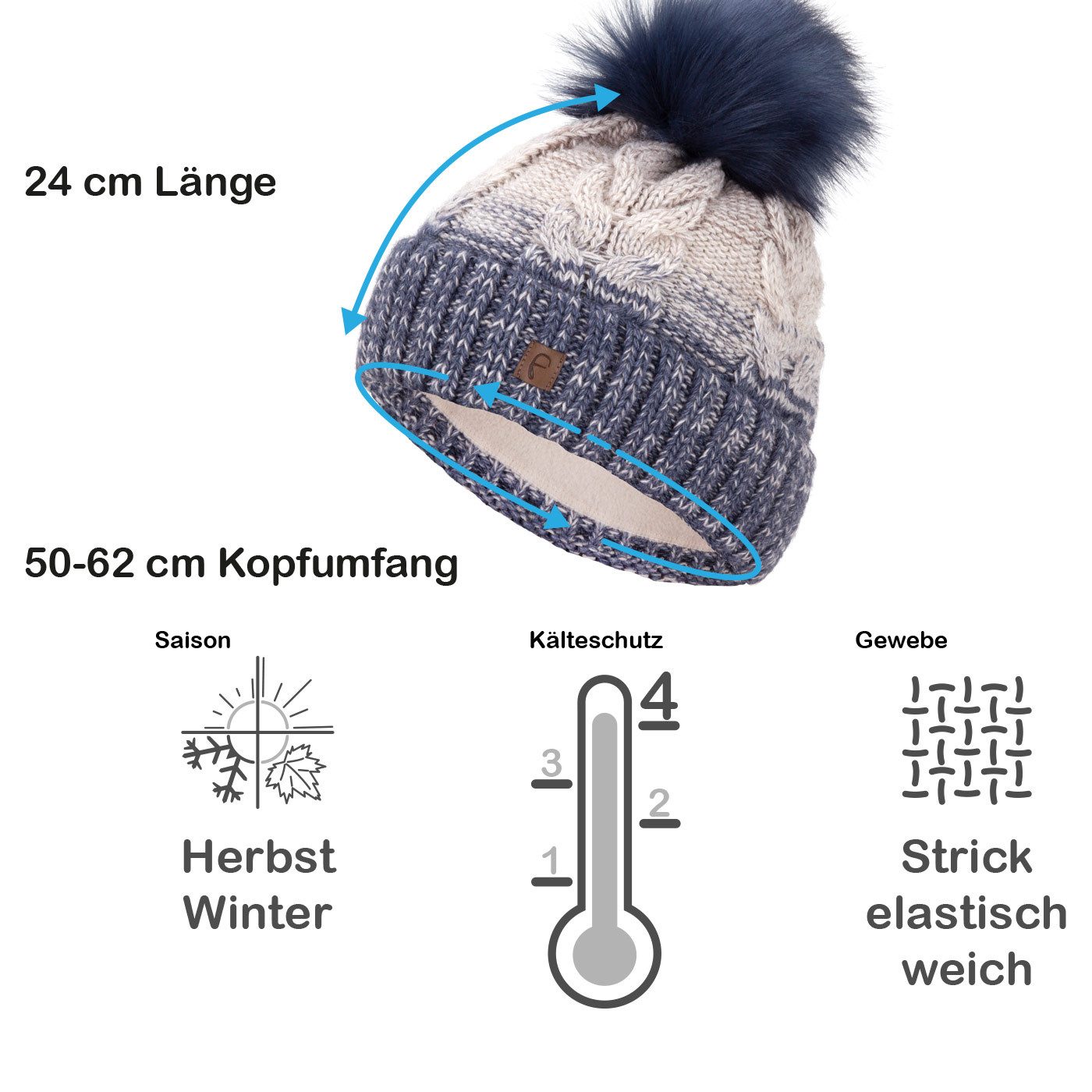 Faera Bommelmütze Wintermütze Damen Herren Mütze Beanie Haube gefüttert Bommelmütze