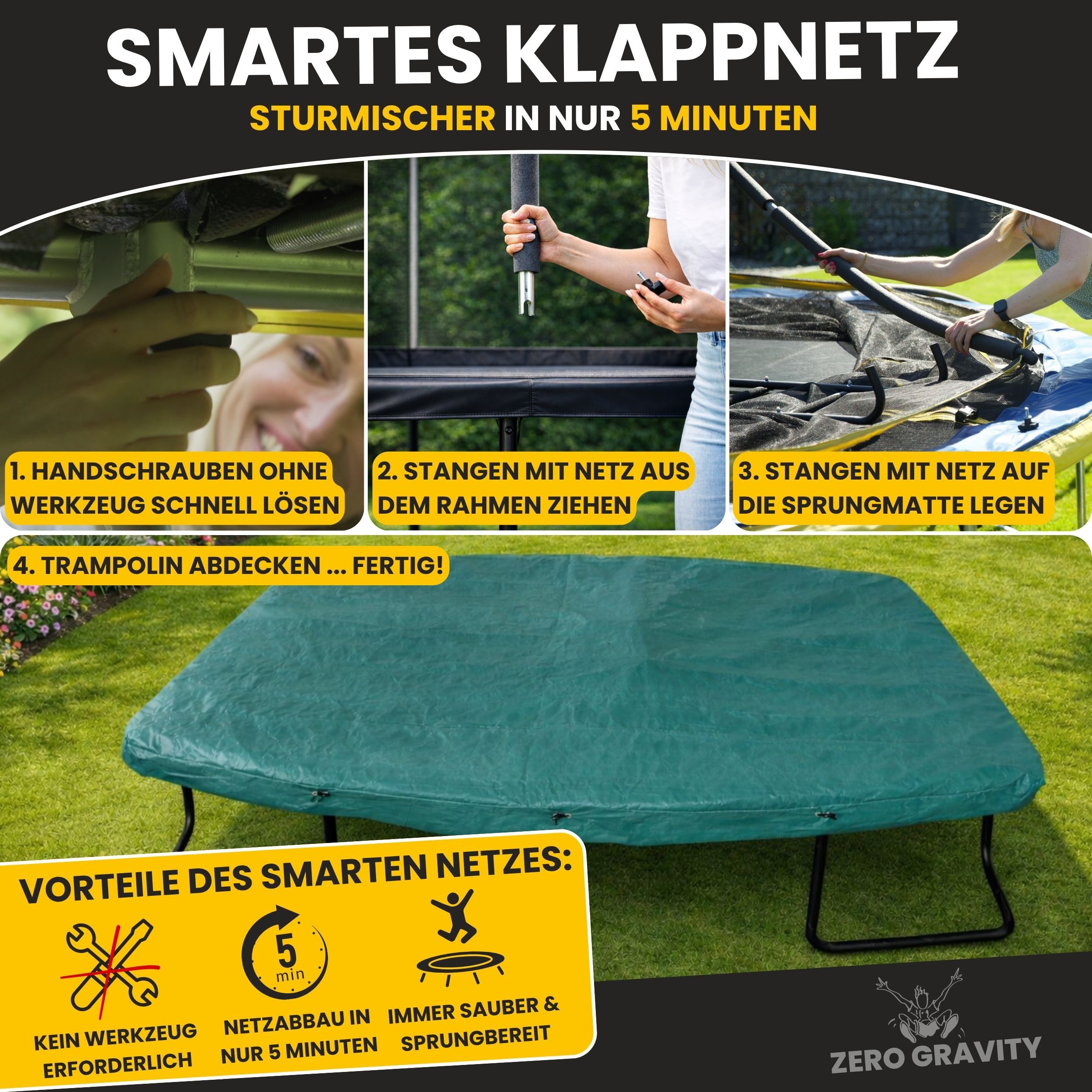 Zero Gravity Gartentrampolin 305x213/366x244/457x366 cm, Ovales Trampolin inkl. Leiter & Bodenanker, Ø 305 cm, Trampolin Outdoor Komplett-Set, TÜV GS, Smarter & schneller Netzabbau