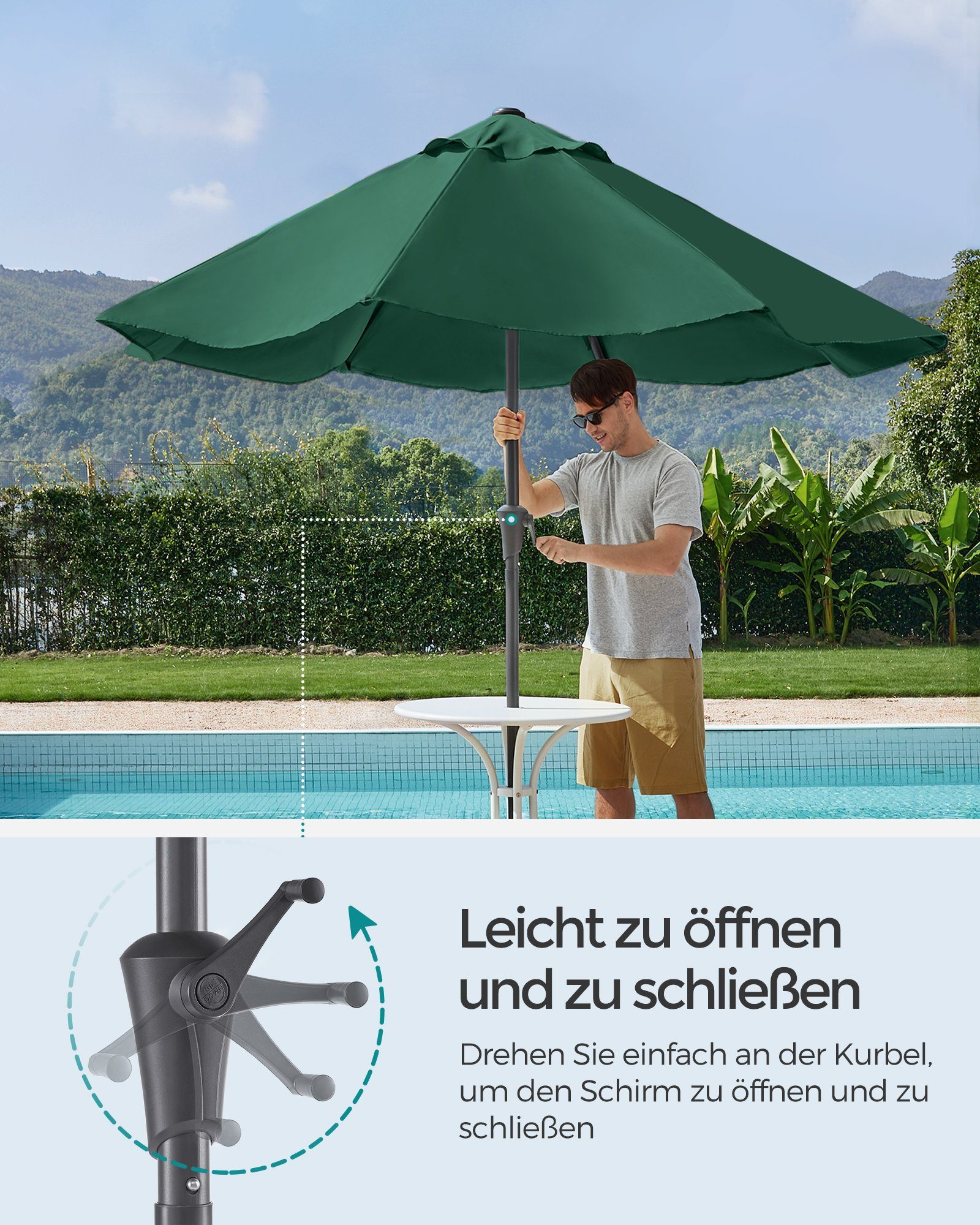 SONGMICS Sonnenschirm, UPF 50+, mit Kurbel, beidseitig um 30° knickbar, ∅290cm, ohne Ständer