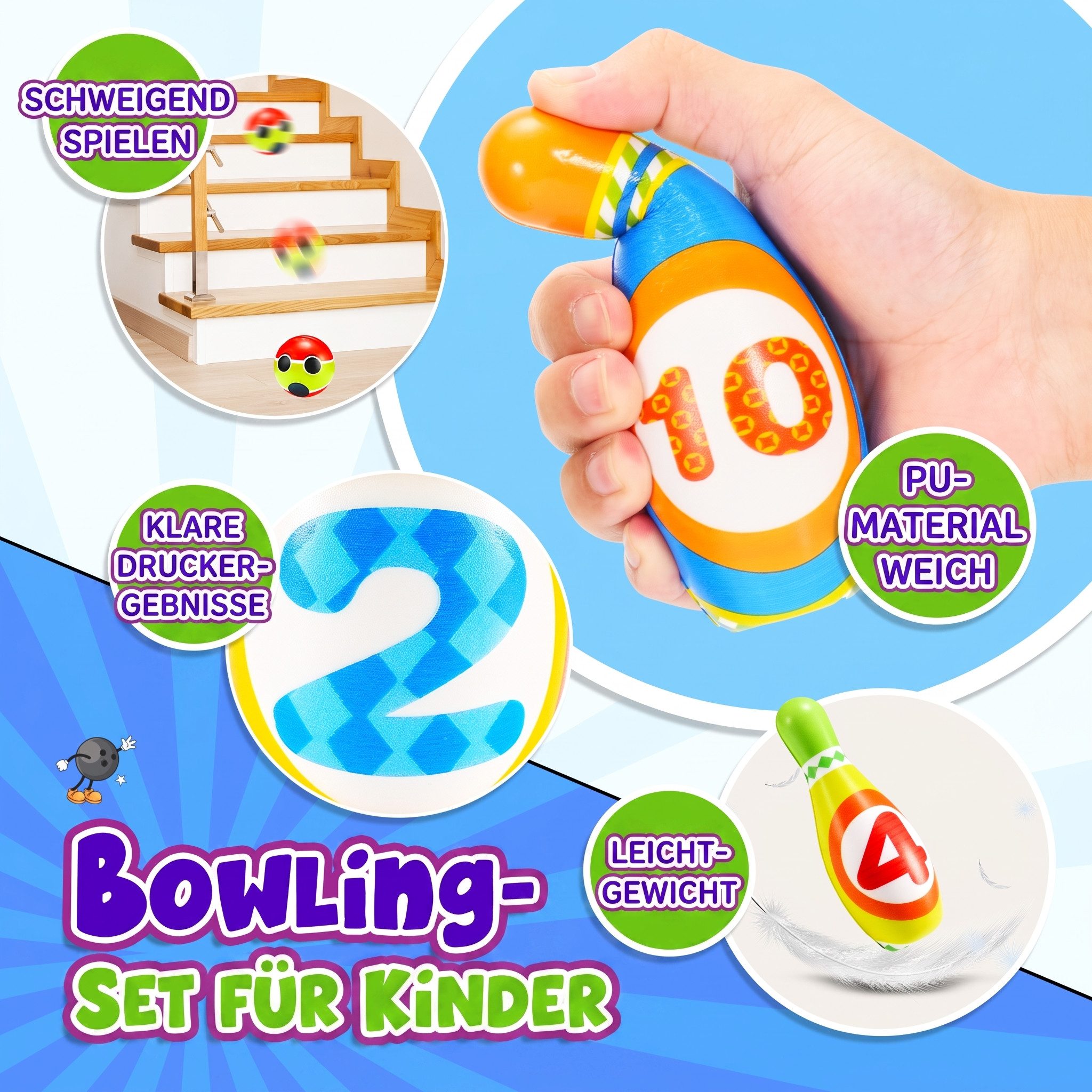 Wootoy Spiel Kinder Bowling-Set Spielzeug-Gartenset Outdoor-Spielzeug Kegelspiel, Kinderspiel, mit 10 nummerierten Kegeln und Ball