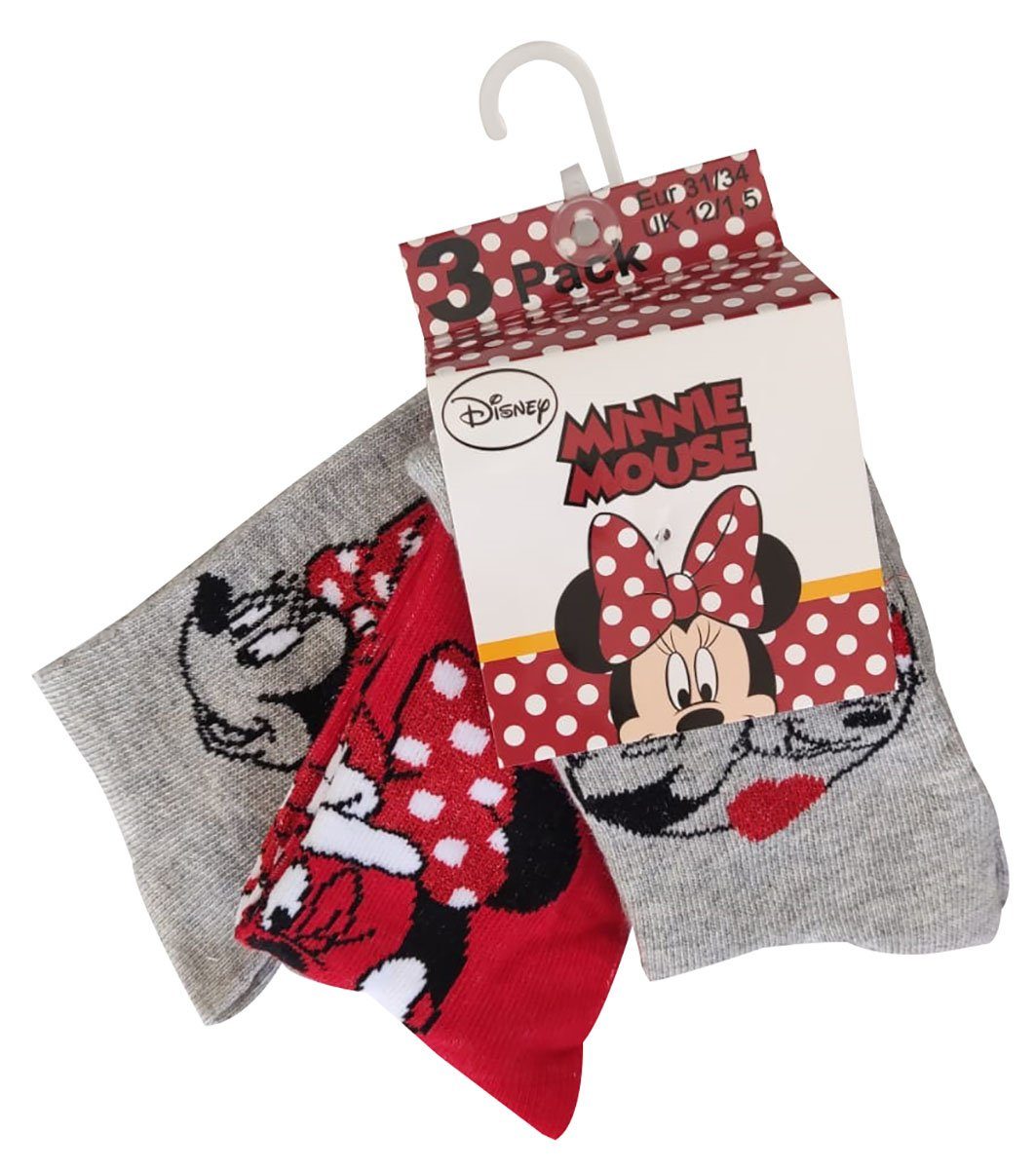 Sun City Socken Disney Minnie Maus 3er Pack Socken Strümpfe für Kinder Rot Grau Größe | Socken