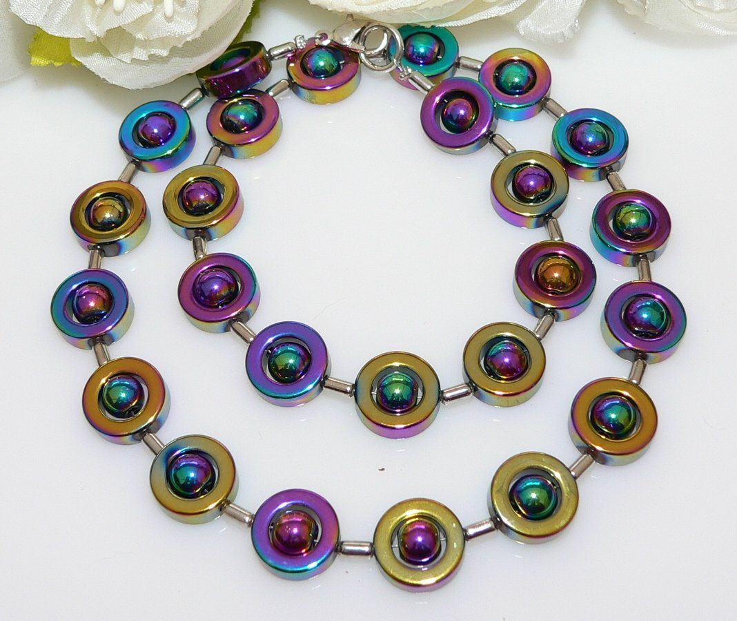 traumschmuck Kette ohne Anhänger 486t Kette Halskette Hämatit Ring multicolor Glasperle bunt (incl. Schmuckbox), handgefertigt, Made in Germany