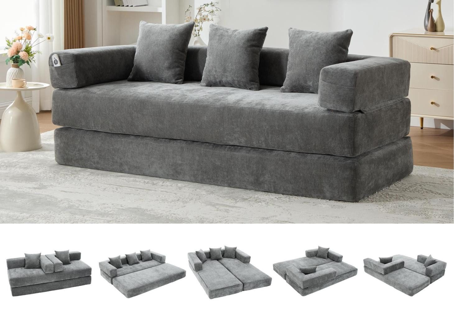 LVHOM Loungesofa 3 Sitzer Sofa mit Schlaffunktion, Formveränderung, mit Seitentaschen, Rutschfeste Unterseite, zwei Kissen verbunden mit Reißverschluss, modular frei kombinierbar (mit festen Armlehnen) für Sofa/Liege/Spielzentrum. Premium Chenille (superweich). Schaumstoff-Füllung (schnelle Rückfederung). Tiefe Sitzfläche (Komfort), in Wohnzimmer,Kinderzimmer, Homeoffice, Leseecke, Spielzimmer