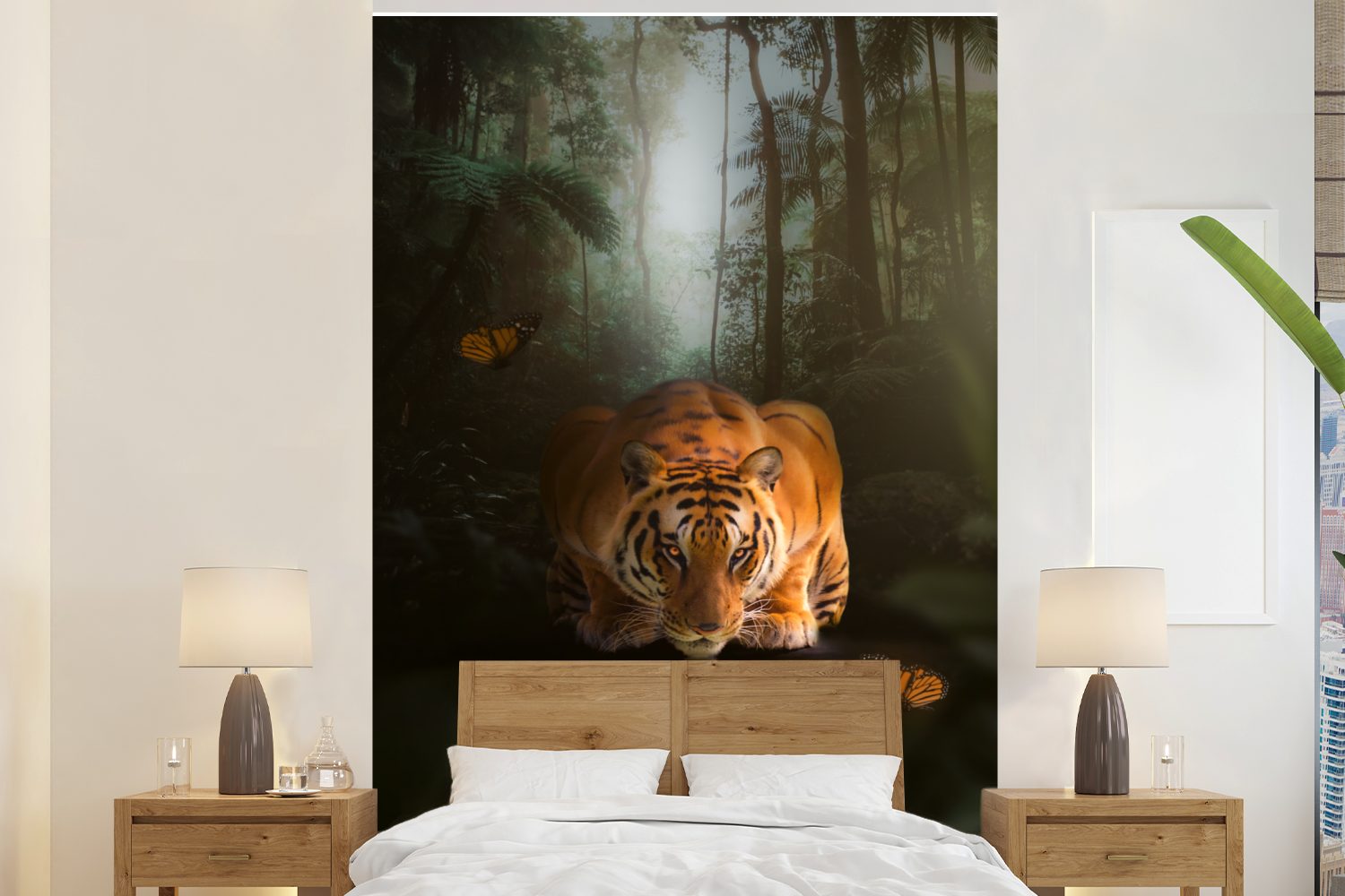 MuchoWow Fototapete Tiger - Dschungel - Wasser - Schmetterling, Matt, bedruckt, (3 St), Montagefertig Vinyl Tapete für Wohnzimmer, Wandtapete