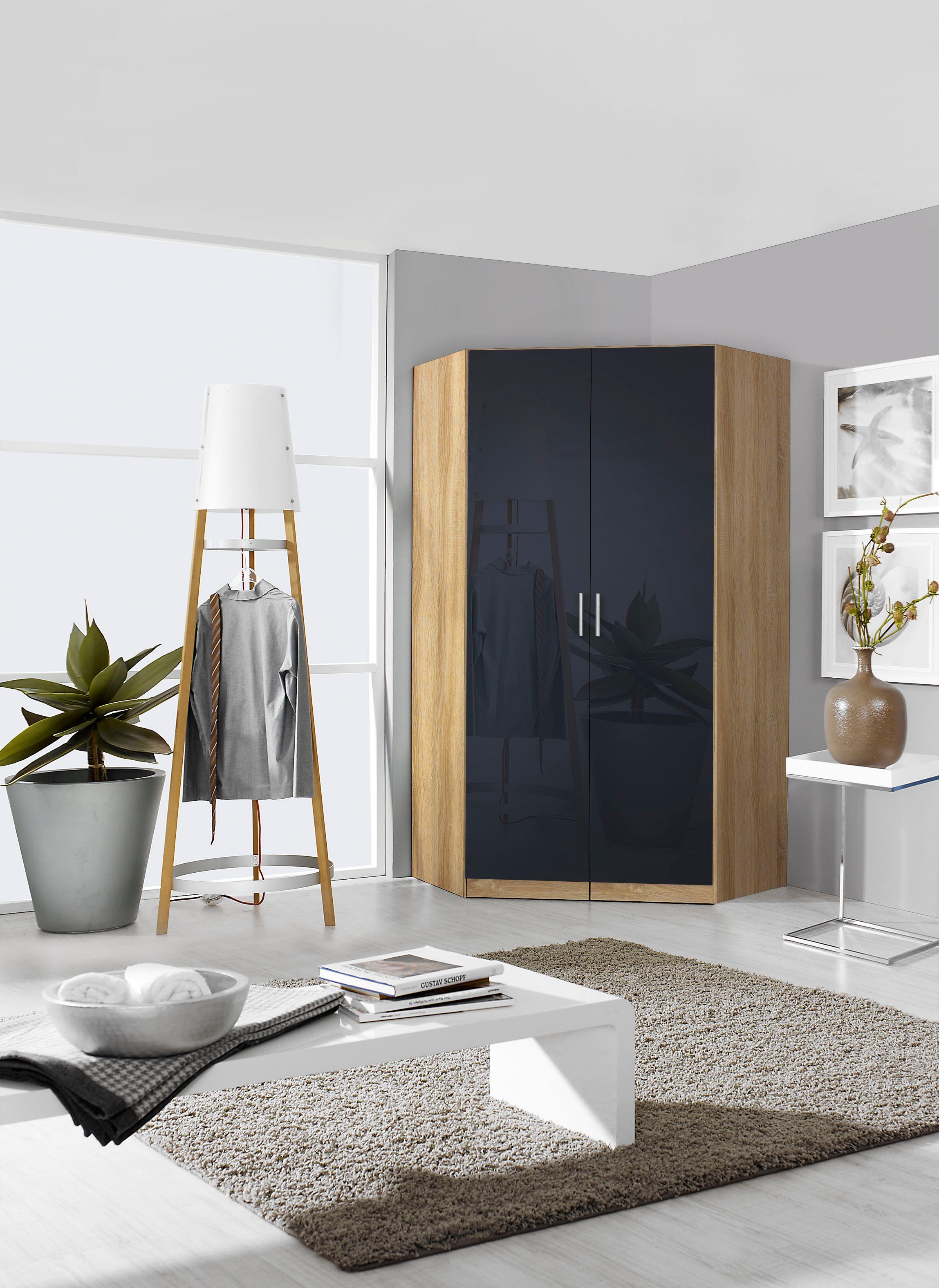 rauch Eckkleiderschrank Kleiderschrank Schrank Eckschrank Ankleide Garderobe CELLE (Schenkelmaß: 117x117 cm, Höhe 197/210 cm) optional mit Spiegel oder Hochglanzfront MADE IN GERMANY
