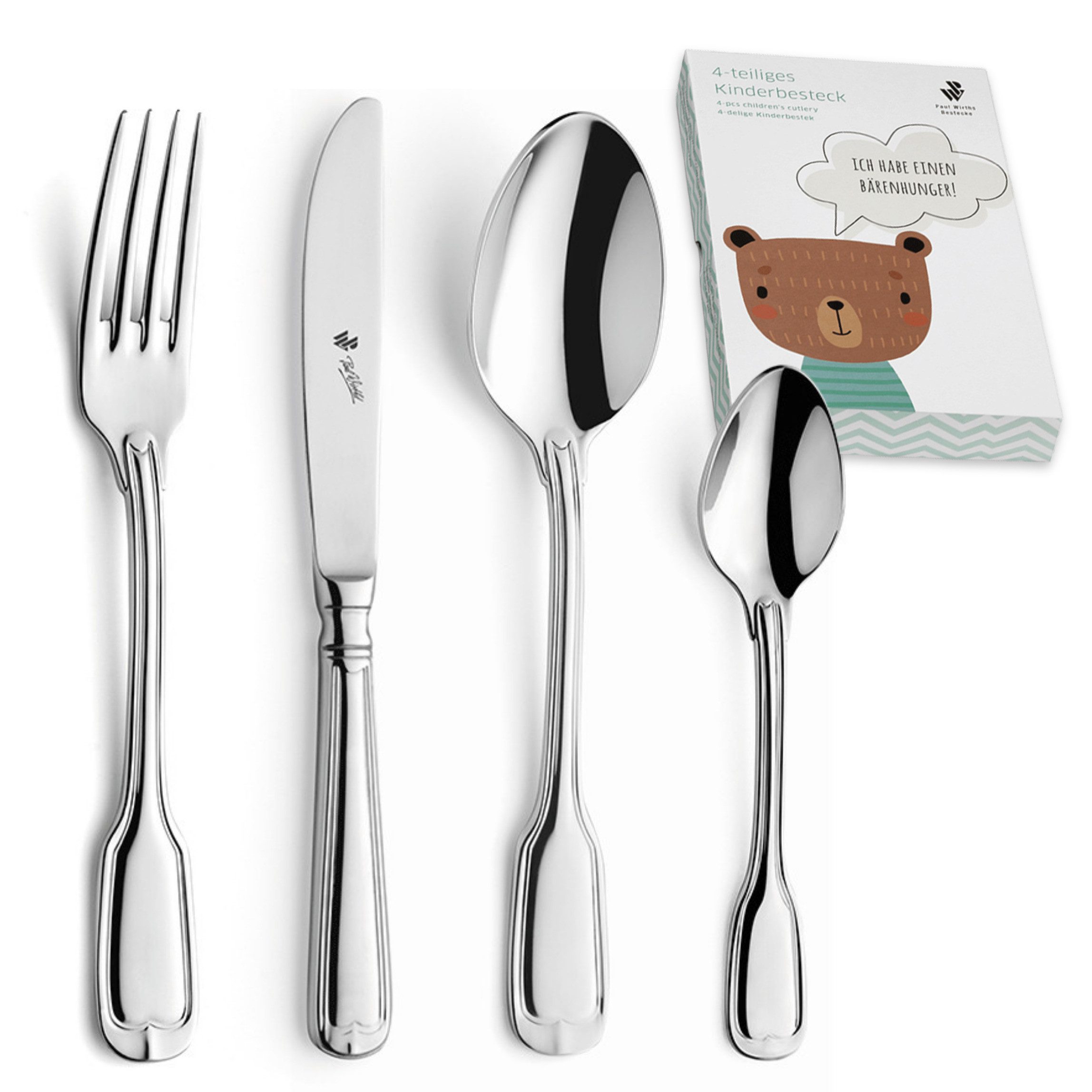 Paul Wirths Kinderbesteck AUGSBURGER FADEN (4-tlg), 1 Personen, 13/0 18/10, ergonomisches Design, abgerundete Kanten
