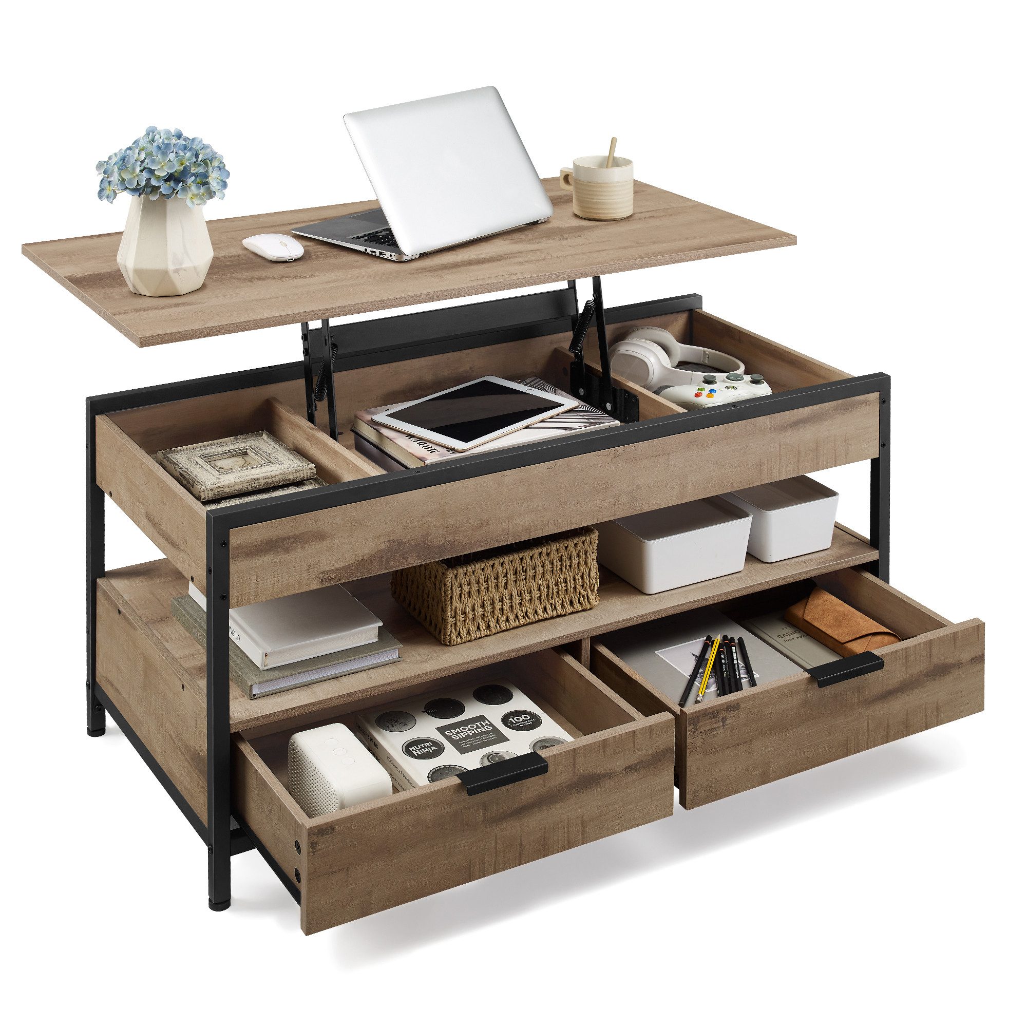 VASAGLE Couchtisch, höhenverstellbar, mit Schubladen, 50 x 100 x (48-63) cm günstig online kaufen