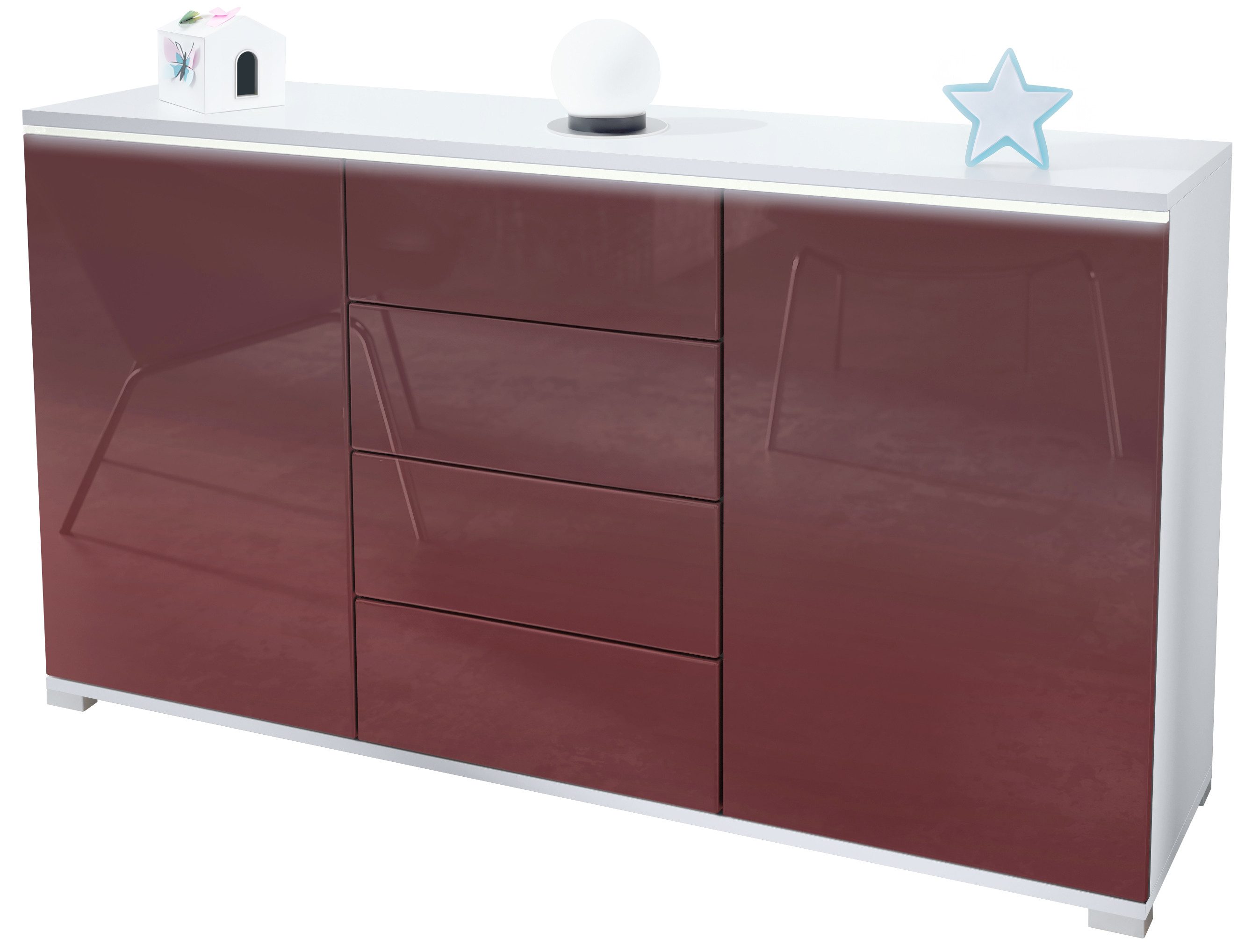Vladon Sideboard Faro V1 (Kommode mit 2 Türen & 4 Schubladen, Schrank mit LED Lichtleiste), Weiß matt / Bordeaux Hochglanz (138,5 x 75,5 x 35)