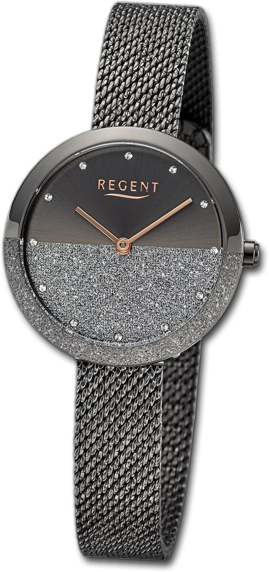 Regent Quarzuhr Regent Damen Armbanduhr Analog, Damenuhr Metallarmband schwarz, rundes Gehäuse, extra groß (ca. 32mm)