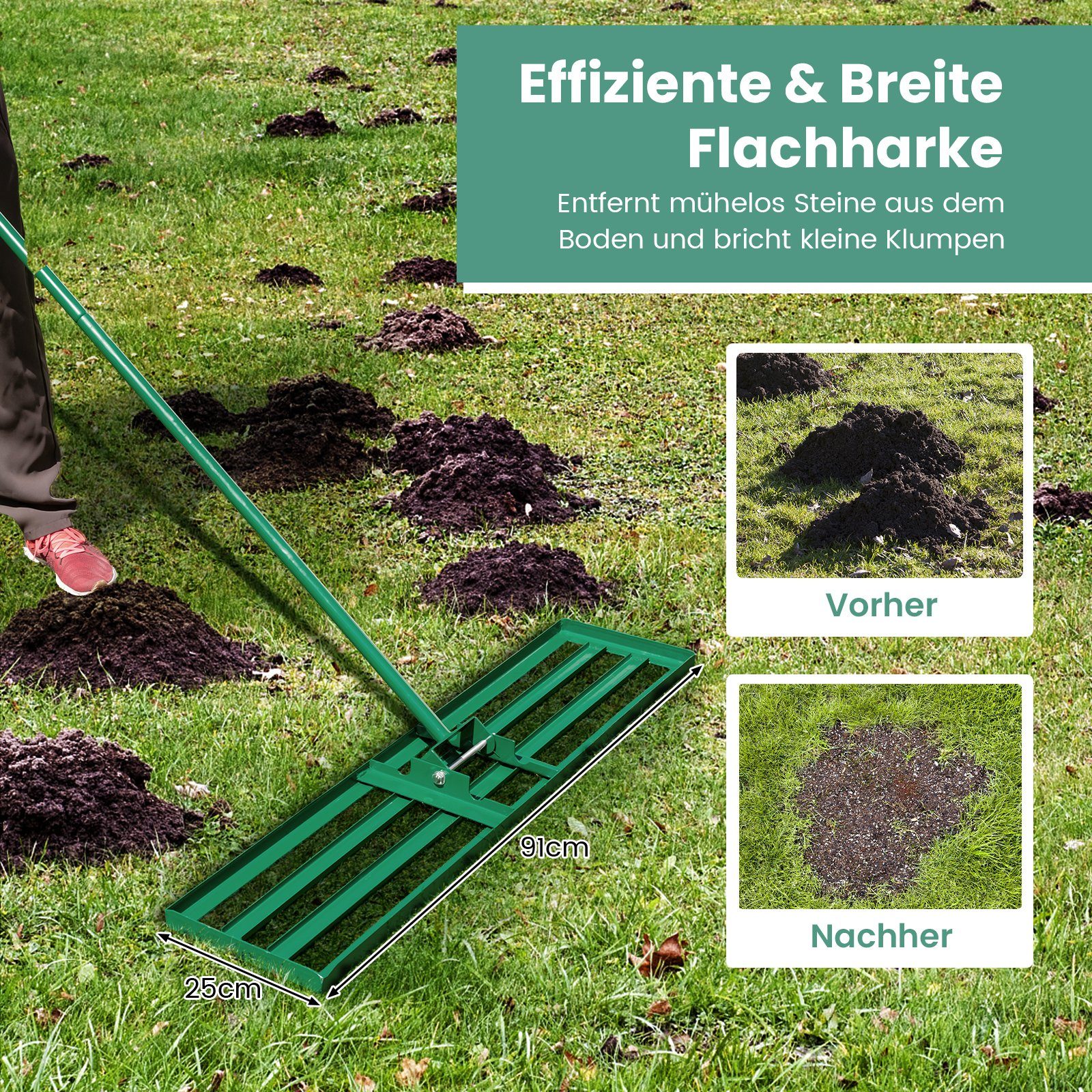 COSTWAY Rasenrechen, mit 170,00 cm langem Stiel, 91 x 25cm, Rasenwerkzeug mit Griff, Metall, Grün