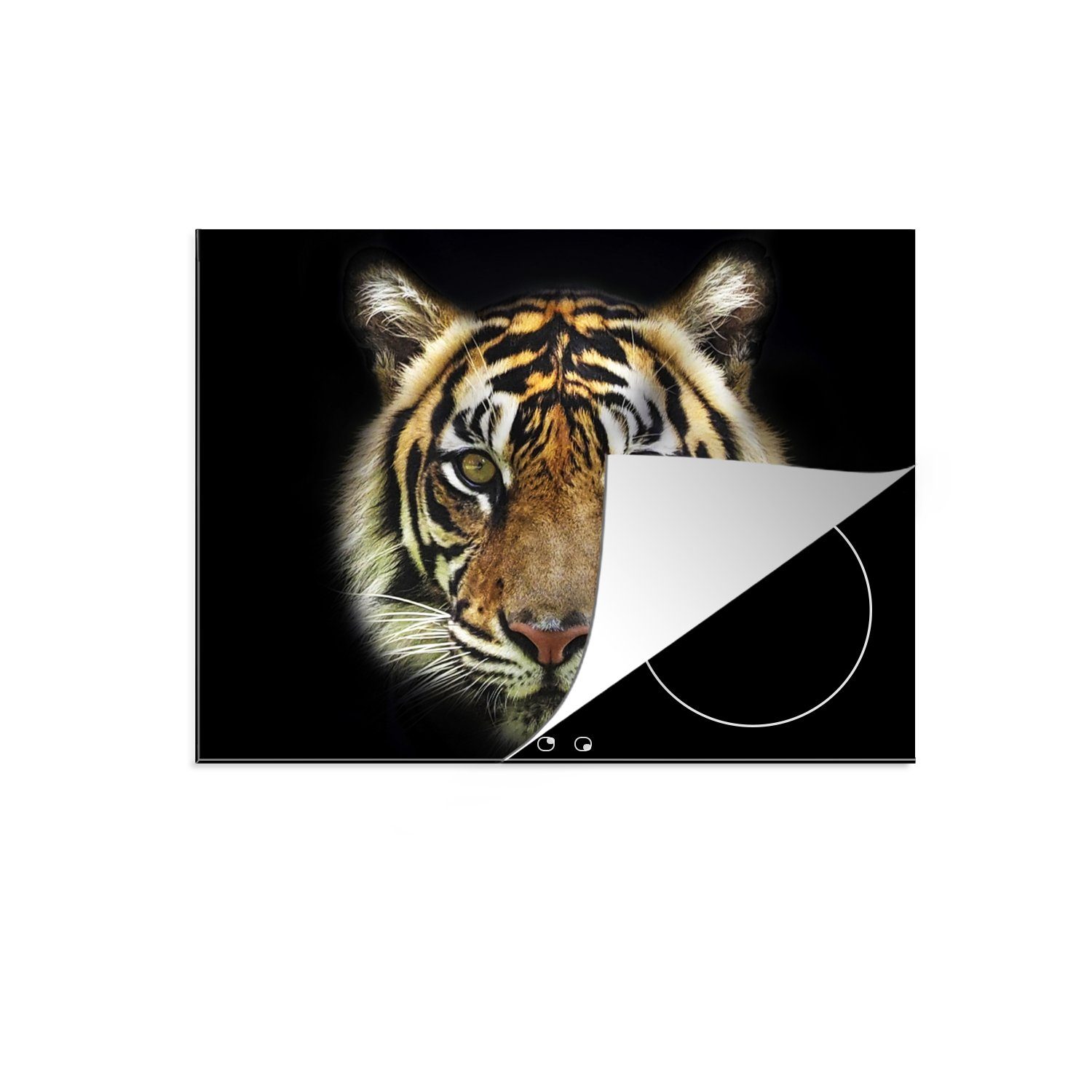 MuchoWow Herdblende-/Abdeckplatte Tiger - Tierkopf - Schwarz, Vinyl, (1 tlg), 70x52 cm, Mobile Arbeitsfläche nutzbar, Ceranfeldabdeckung | Herdabdeckplatten