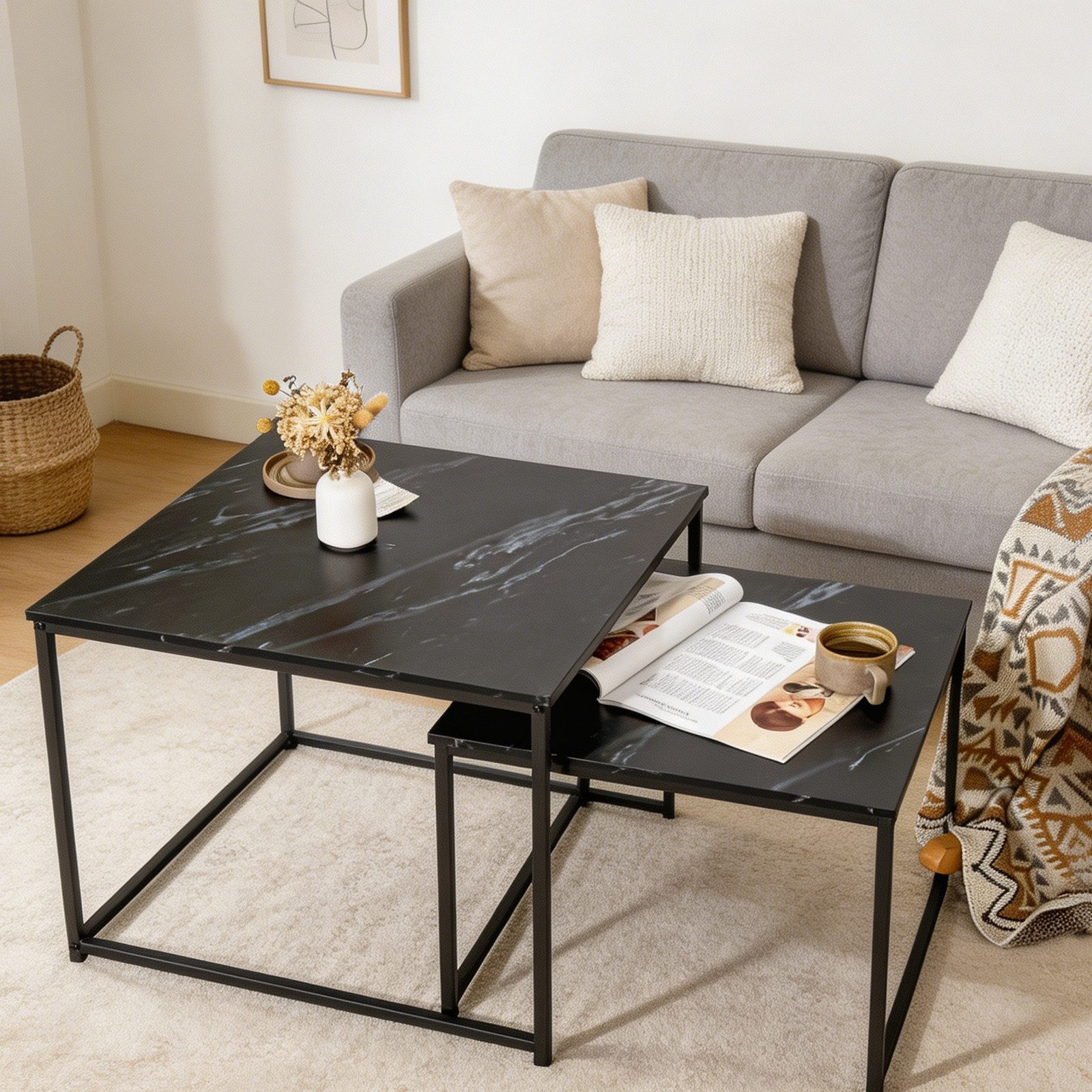 BIGTREE Couchtisch 2er Set Wohnzimmertisch Set Quadratisch Wohnzimmer Tisch (Set, 2er Set), 60×60×50 cm und 50×50×40 cm.
