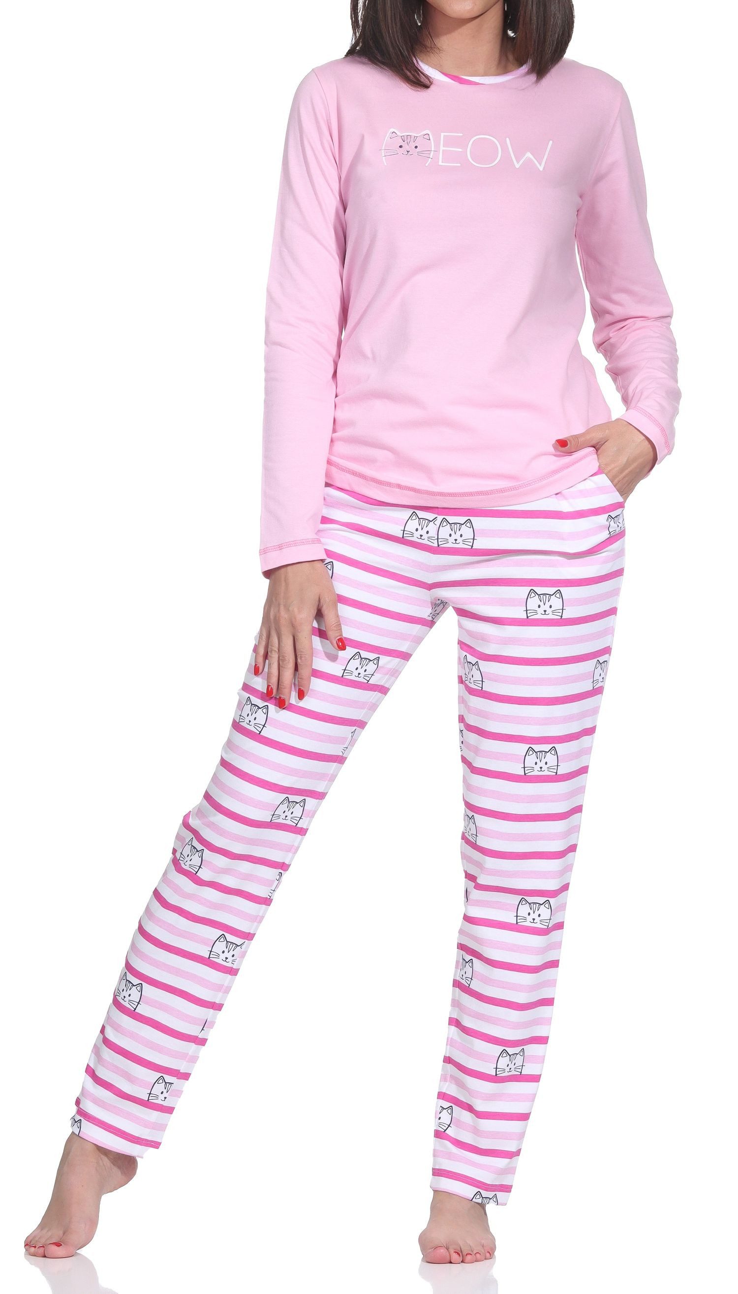 Normann Pyjama Normann Damen langarm Pyjama in Katzen Optik – auch in Übergröße – Bild 2 von 5