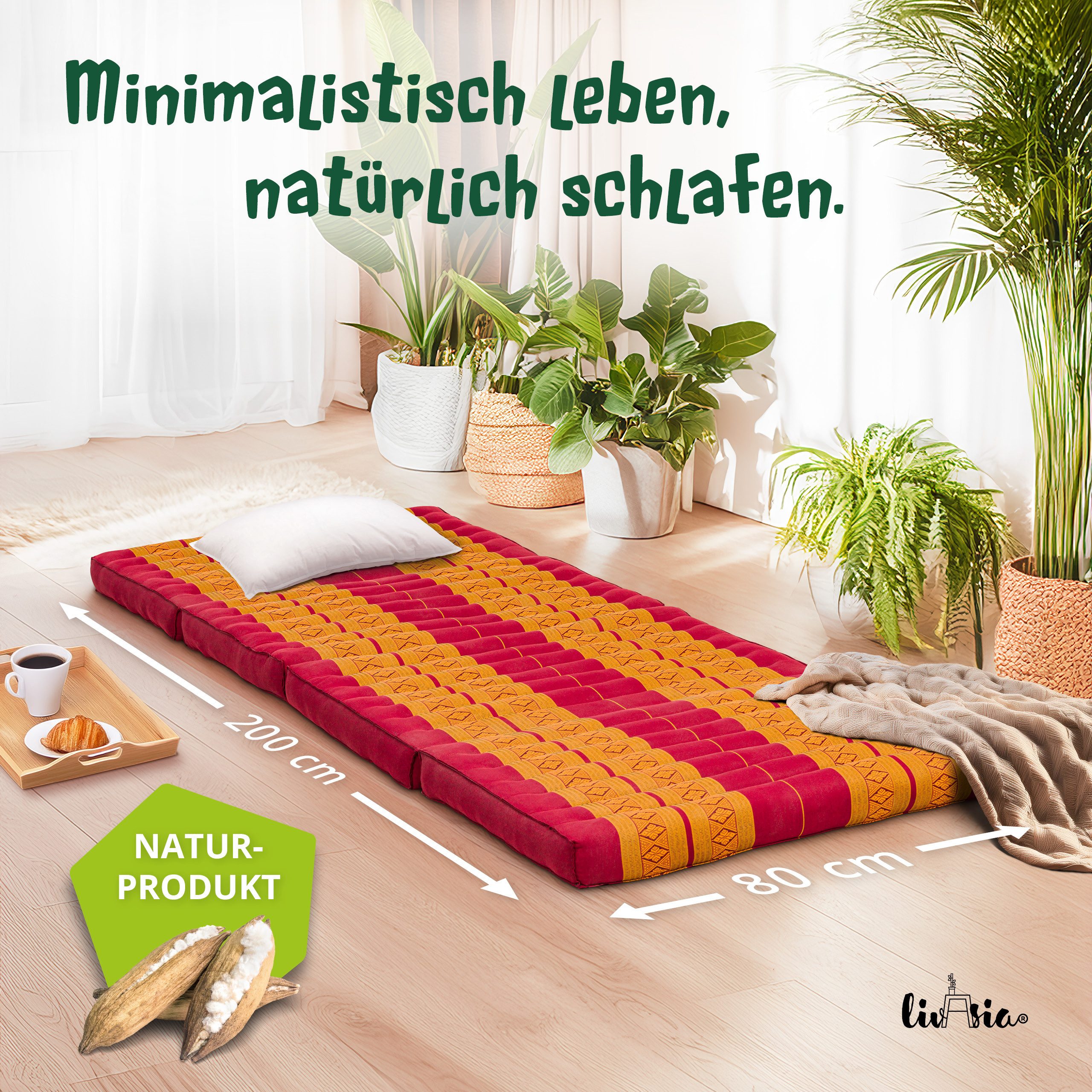 Klappmatratze Faltmatratze 80 cm (Classic) - 200x80x8cm, livasia, 8 cm hoch, Kapok, vegan, handgefertigt