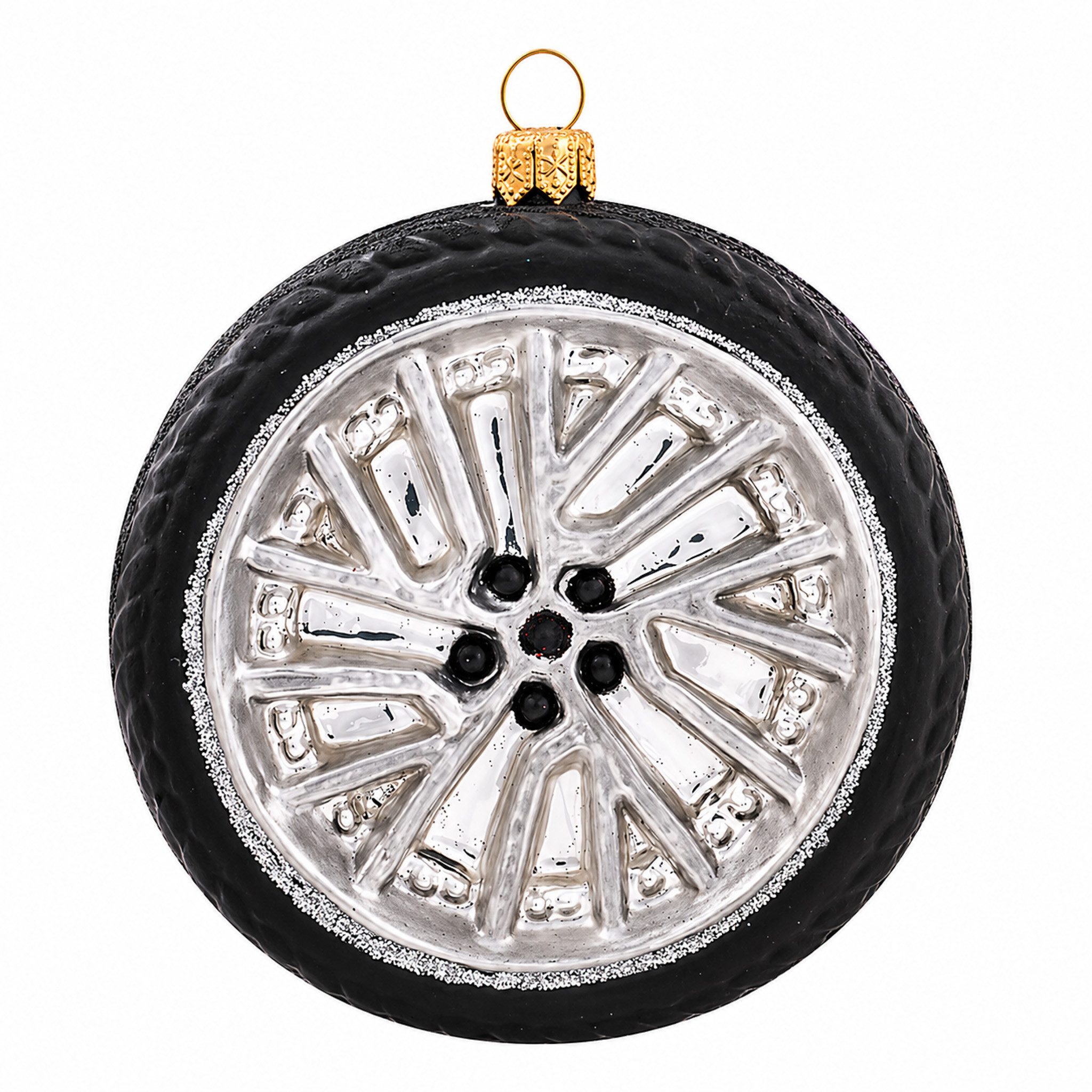 IMPULS Christbaumschmuck, Christbaumanhänger Alufelge aus Glas 9cm Silber Schwarz