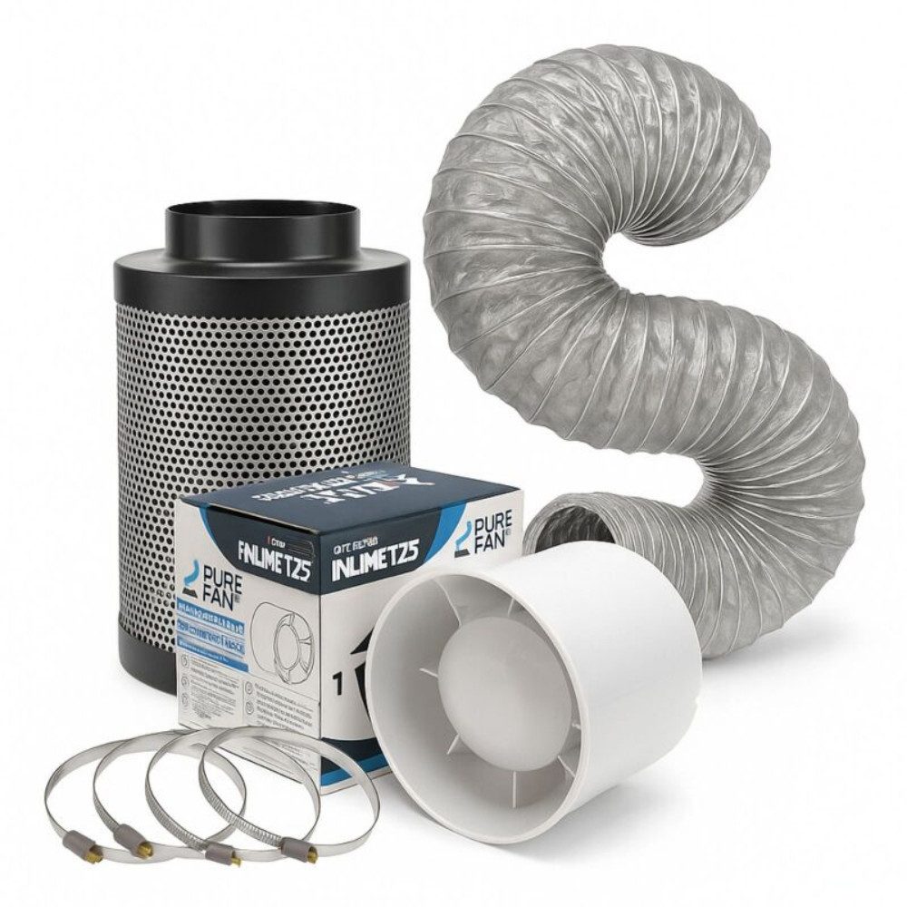 Purple Leafz Abluft-Set Grow Abluft Set Eco 107 m³/h 100 mm Anschluss – Lüfter Grow, Abluftset mit Aktivkohlefilter und Rohrlüfter