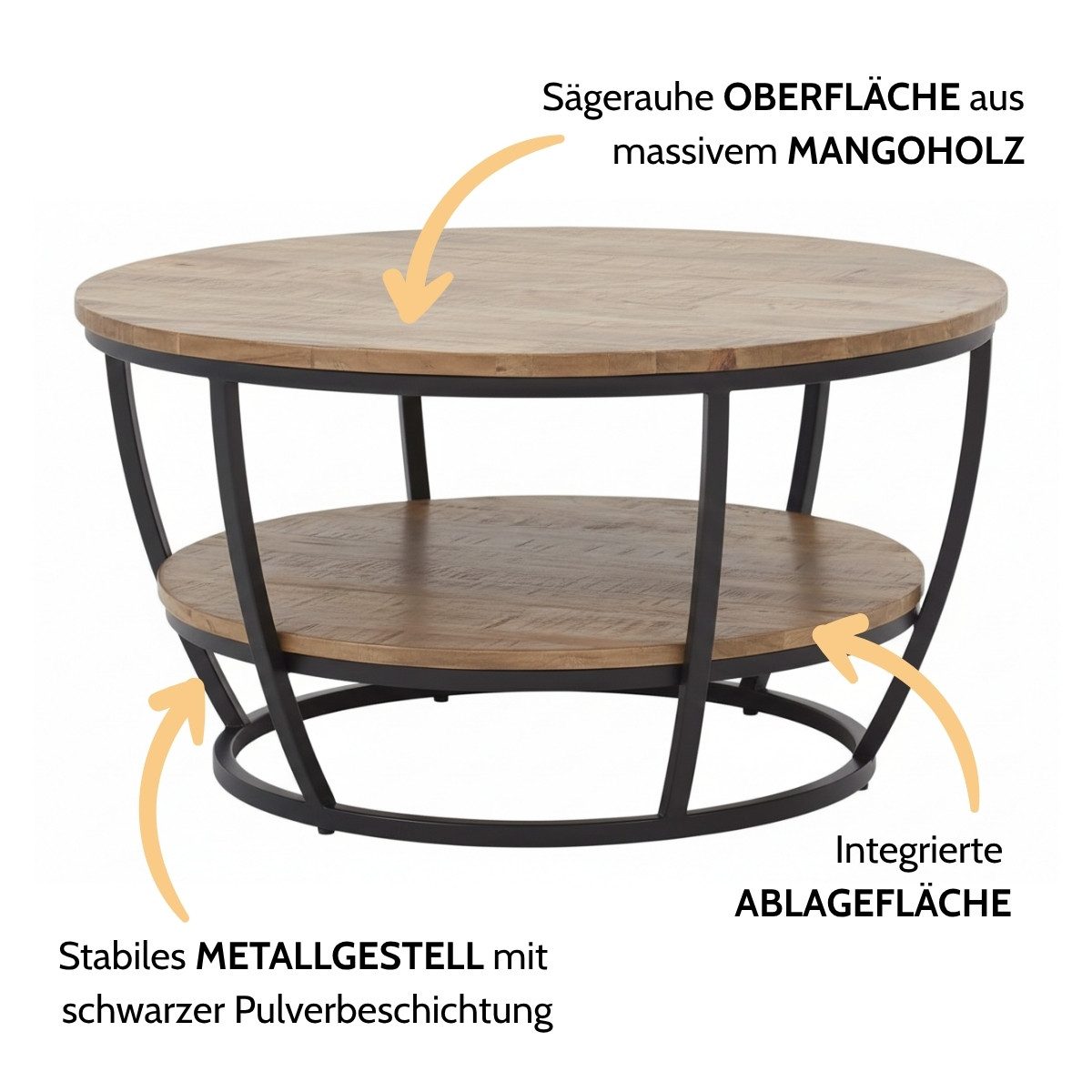 Liadomo Couchtisch Gianna, Beistelltisch, Wohnzimmertisch, mit zusätzlicher Ablage, runde Platte Mangoholz massiv, Metallgestell schwarz