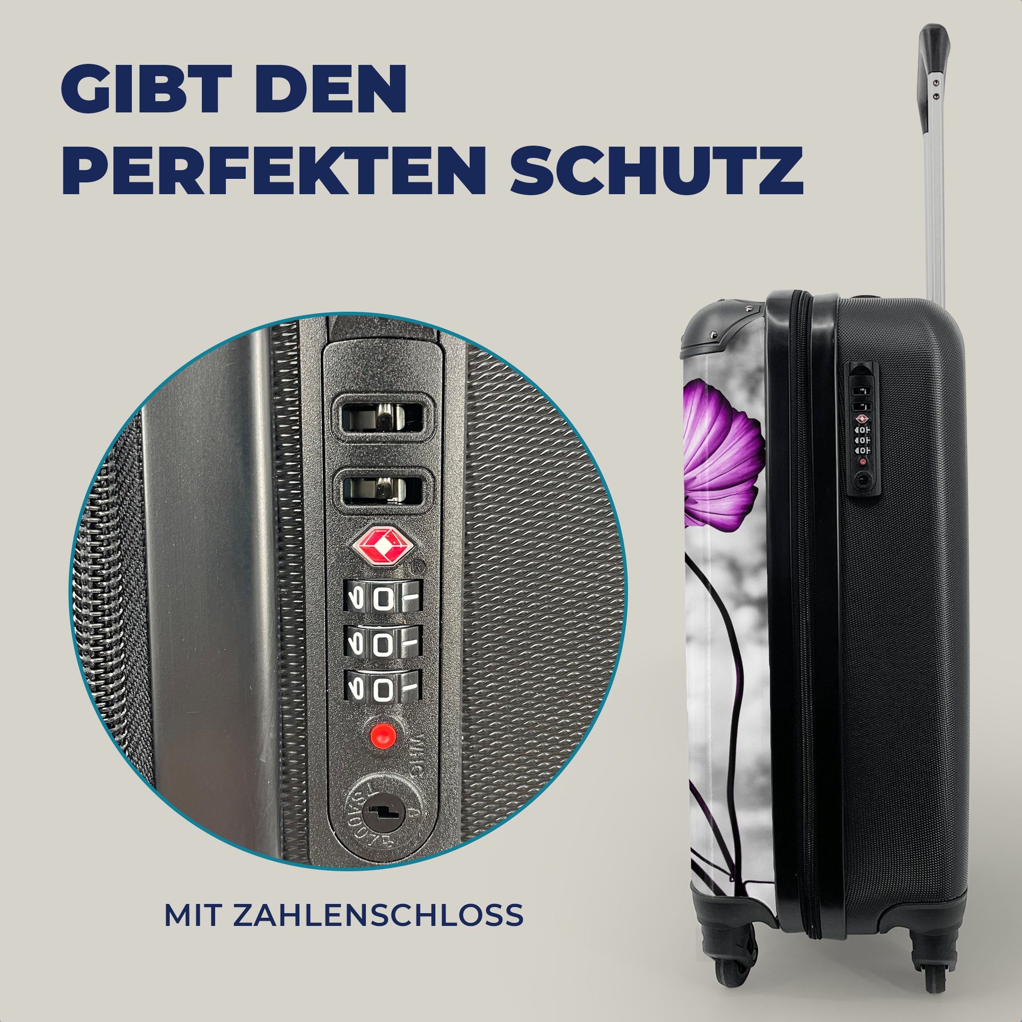 MuchoWow - Reisekoffer mit Schwarz Lila, - Rollen, Ferien, Reisetasche Blumen Handgepäck Trolley, - für Handgepäckkoffer Weiß rollen, 4