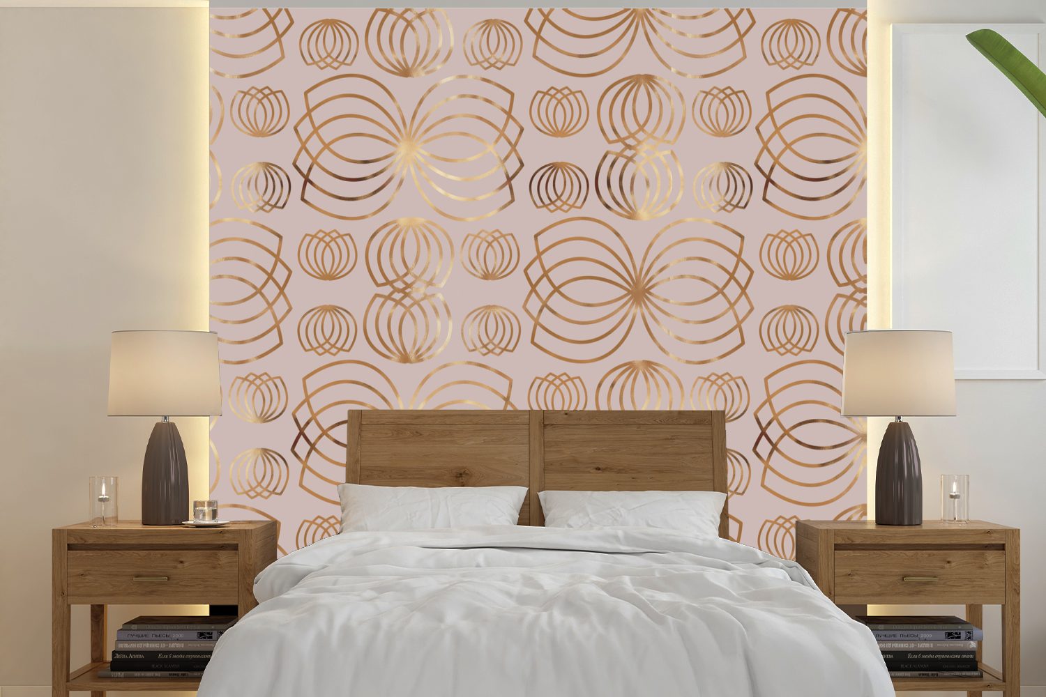Fototapete Wandtapete Blumen - Matt, (5 oder Schlafzimmer, Wohnzimmer MuchoWow Muster Tapete für bedruckt, St), - Gold, Vinyl