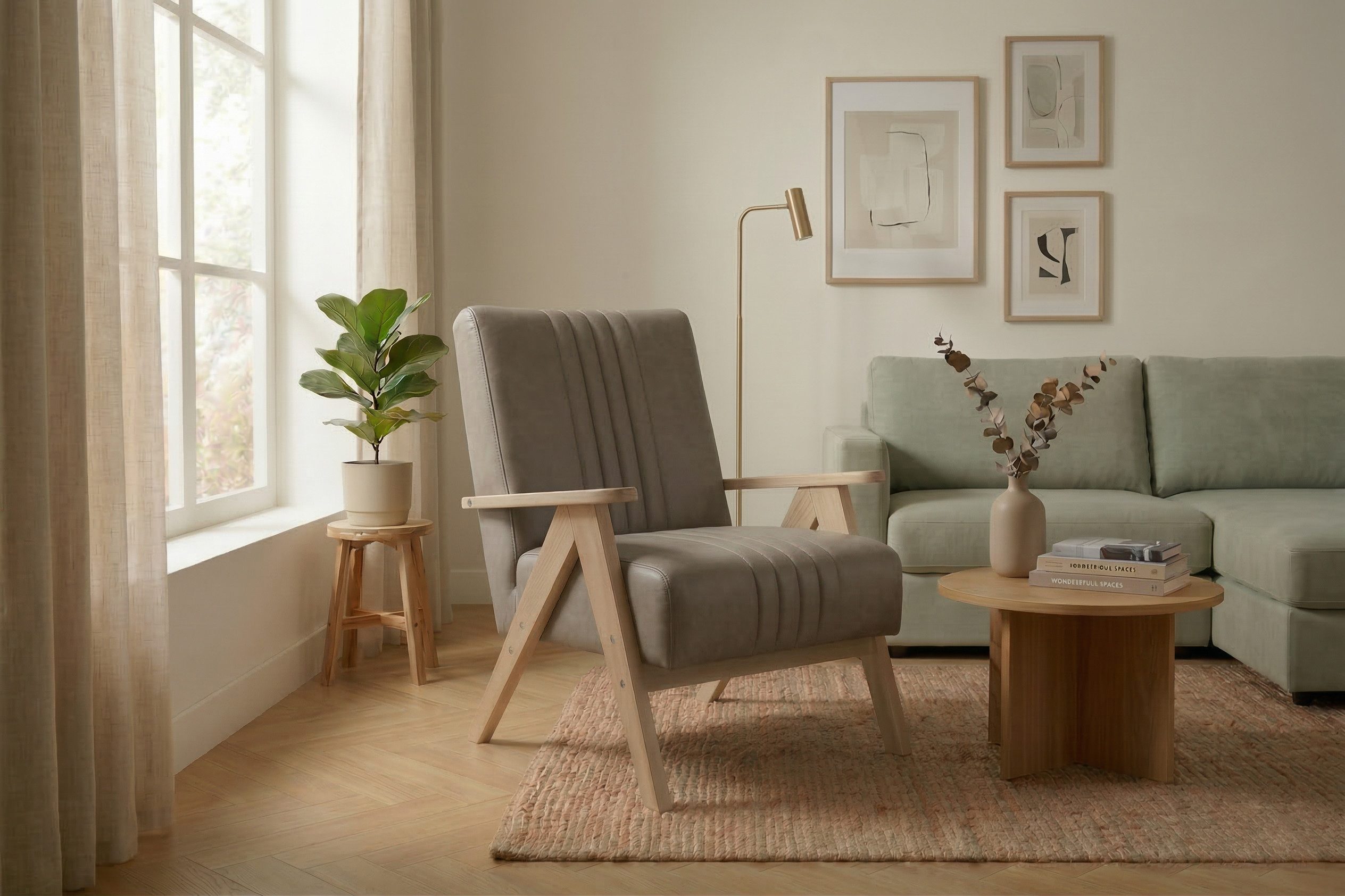 Friderik-EU Sessel ENZO Polstersessel mit Holzgestell Mid-Century Ledersessel Vintage, vertikale Steppungen am Rücken, leichtes Holzgestell